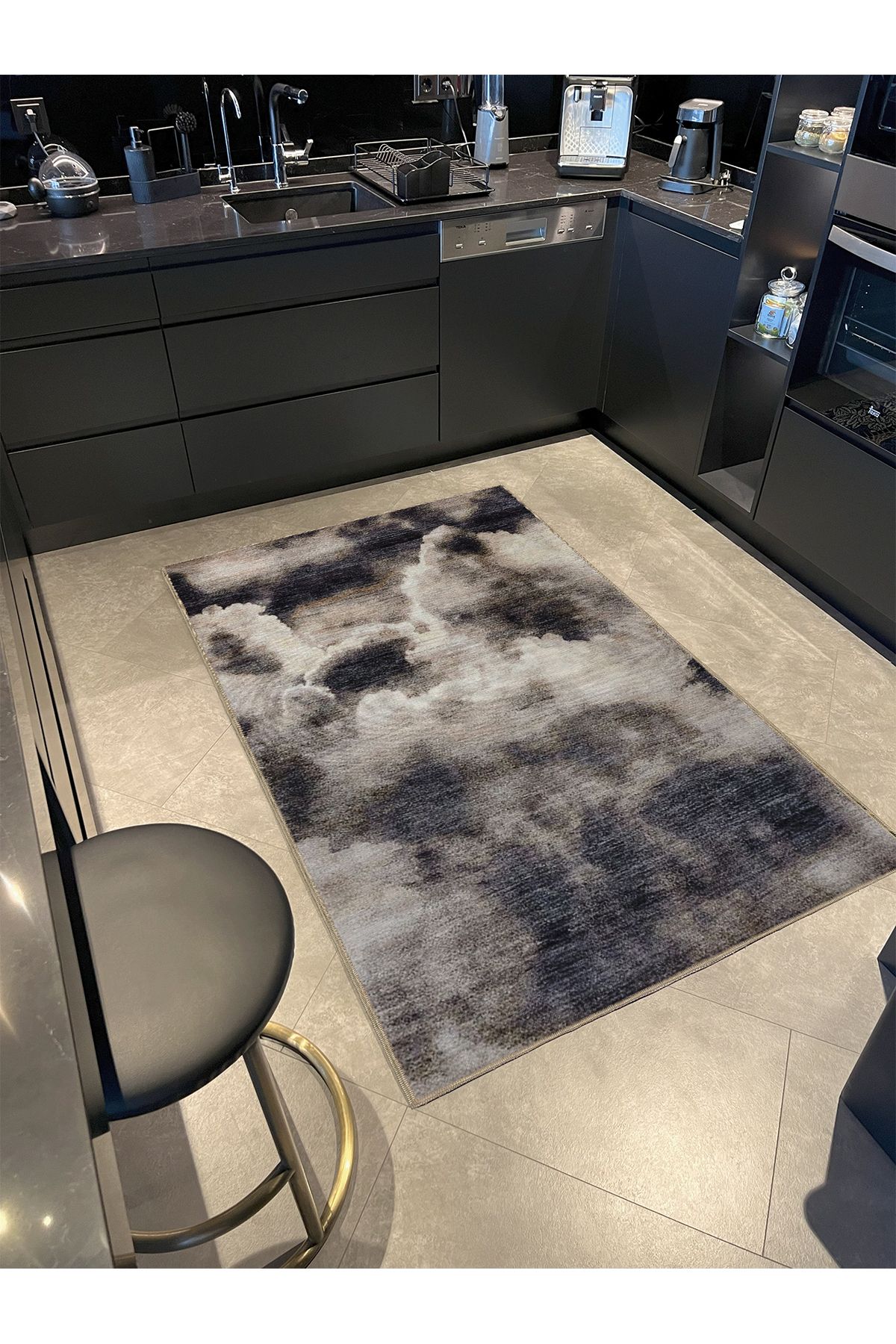 Gri Temalı Soyut Sis Duman Desenli Modern Dekoratif Halı 5332