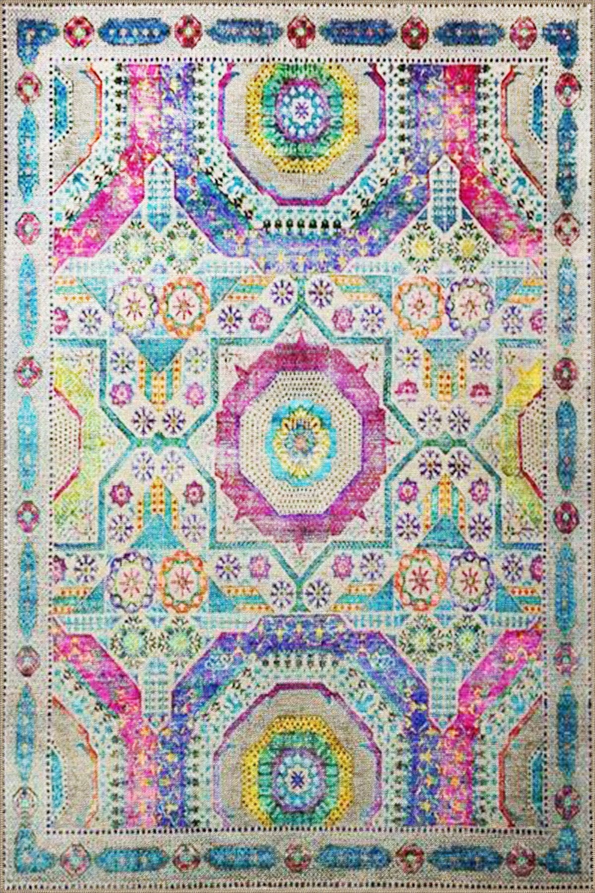 Çok Renkli Çiçek ve Geometrik Desenli Modern Dekoratif Halı 3292