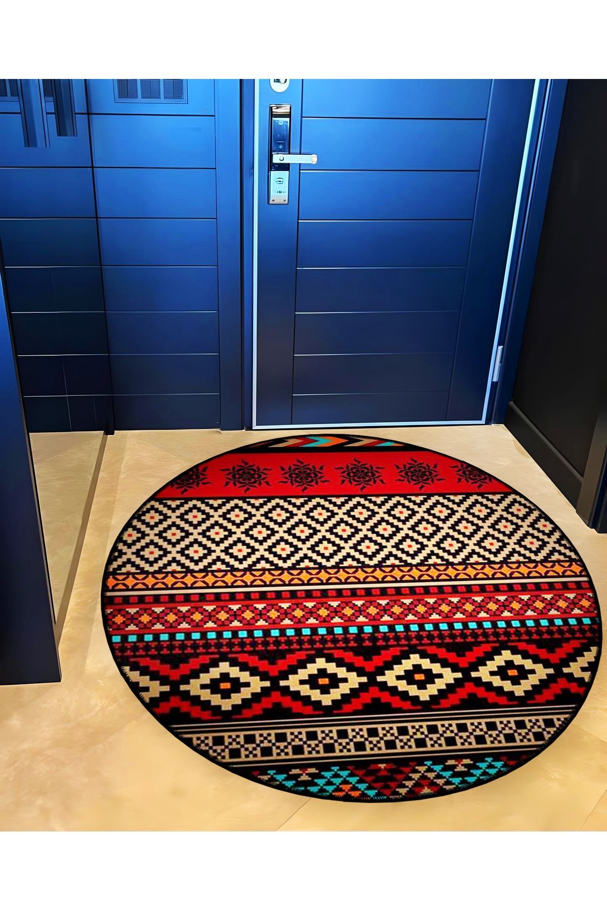 Mira Yuvarlak Kırmızı Siyah Etnik Desen Detaylı Dokuma Taban Modern Dekoratif Halı 5785