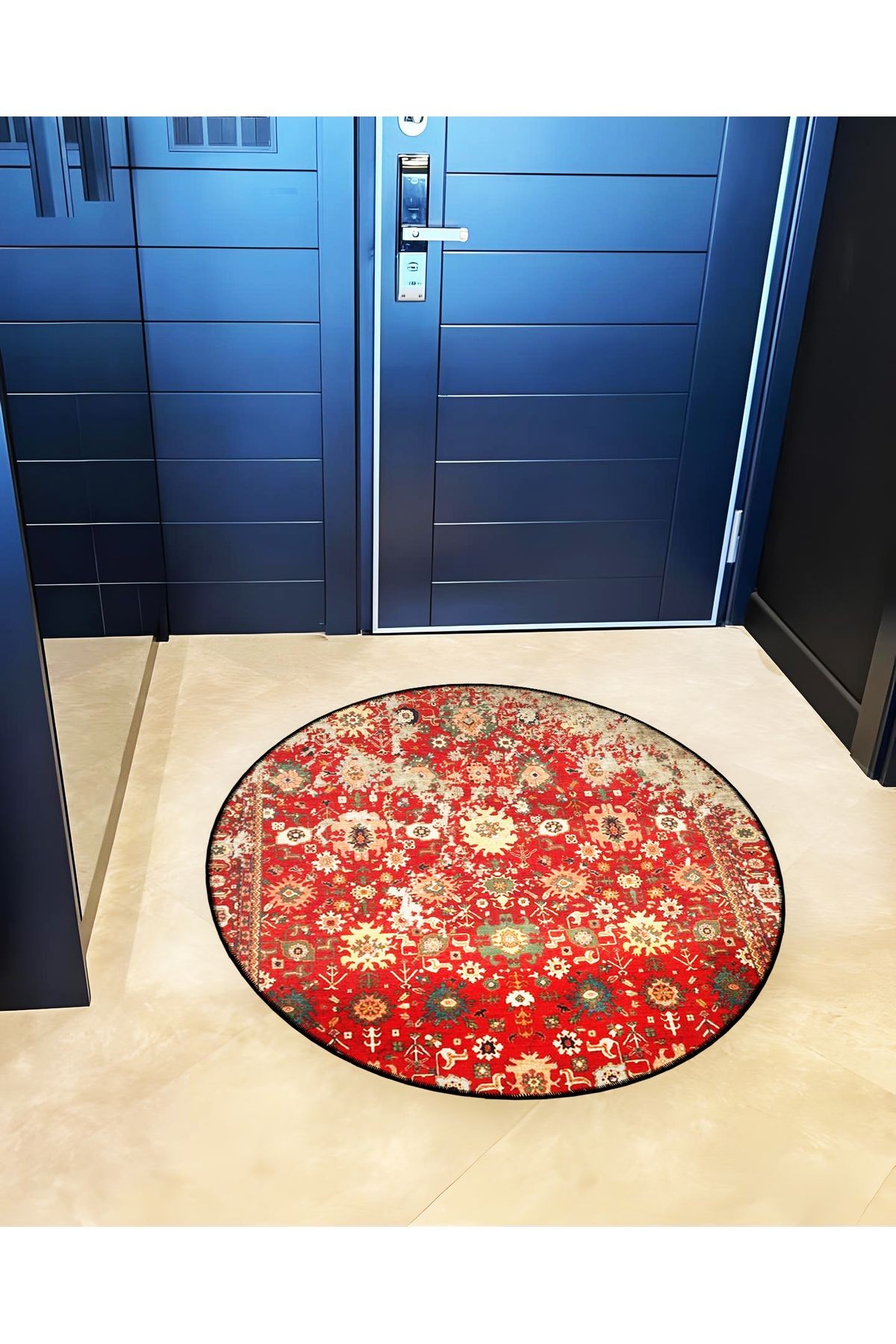 Kırmızı Temalı Geleneksel Motif Desenli Yuvarlak Dokuma Taban Vintage Dekoratif Halı 6189
