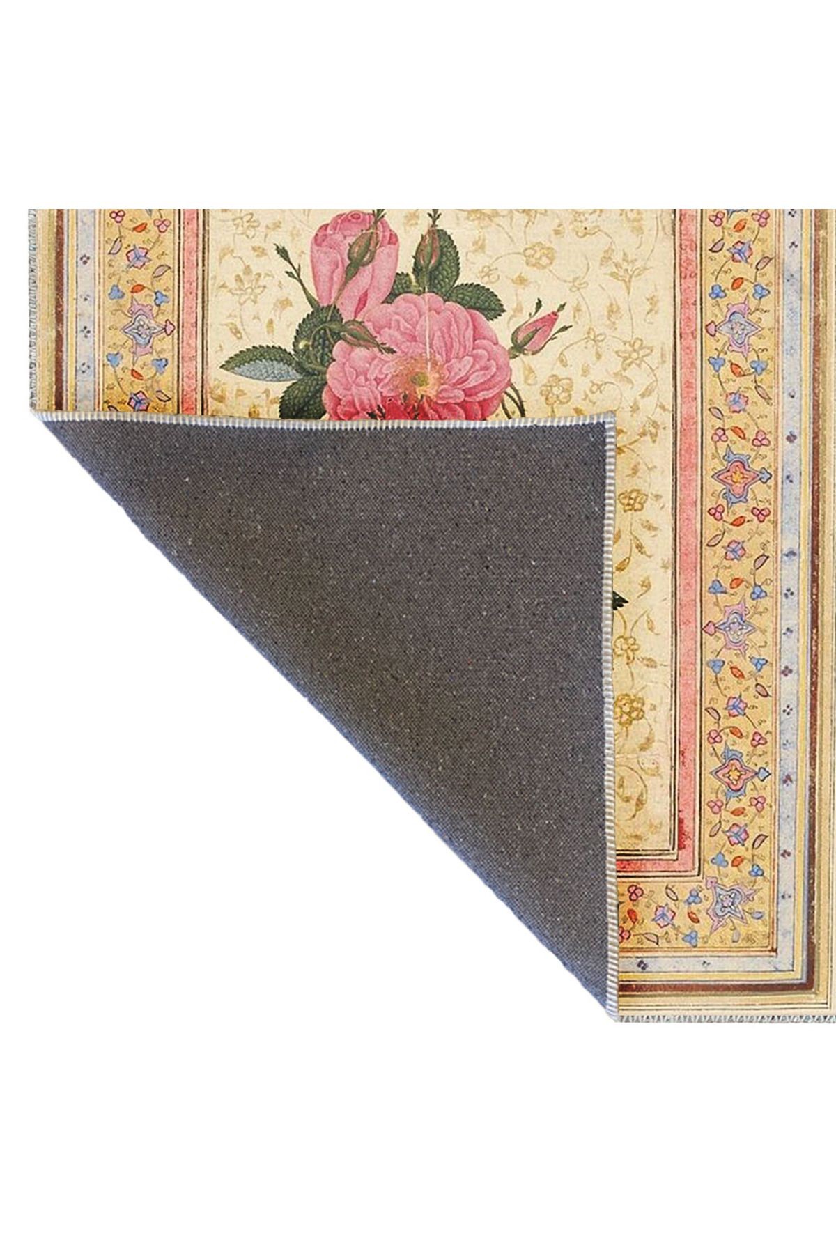 Kubilay Koleksiyonu Bej Tema Pembe Gül ve Etnik Detay Desenli Dokuma Taban Vintage Dekoratif Halı 09