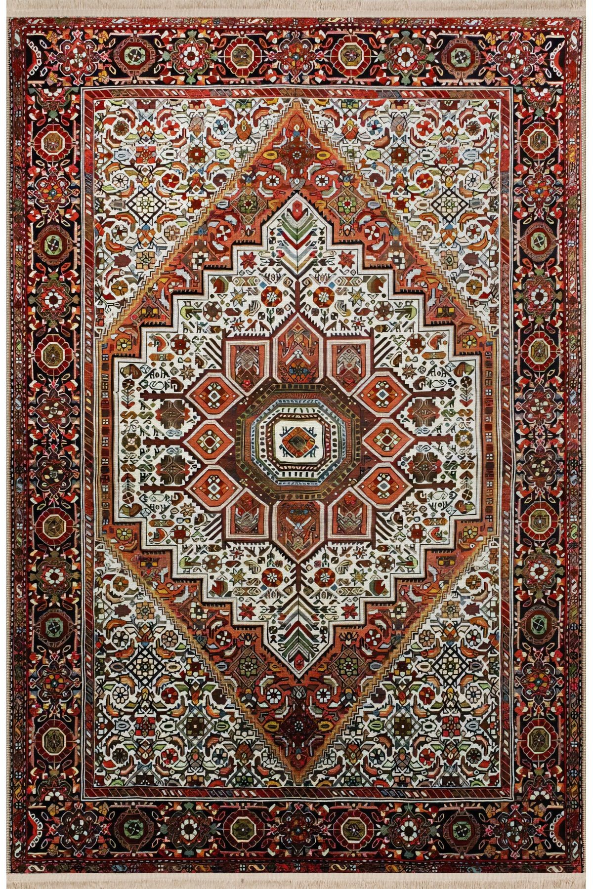 Kahve Bej Temalı Çok Renkli Geleneksel Motif Etnik Desenli Vintage Dekoratif Halı 2561