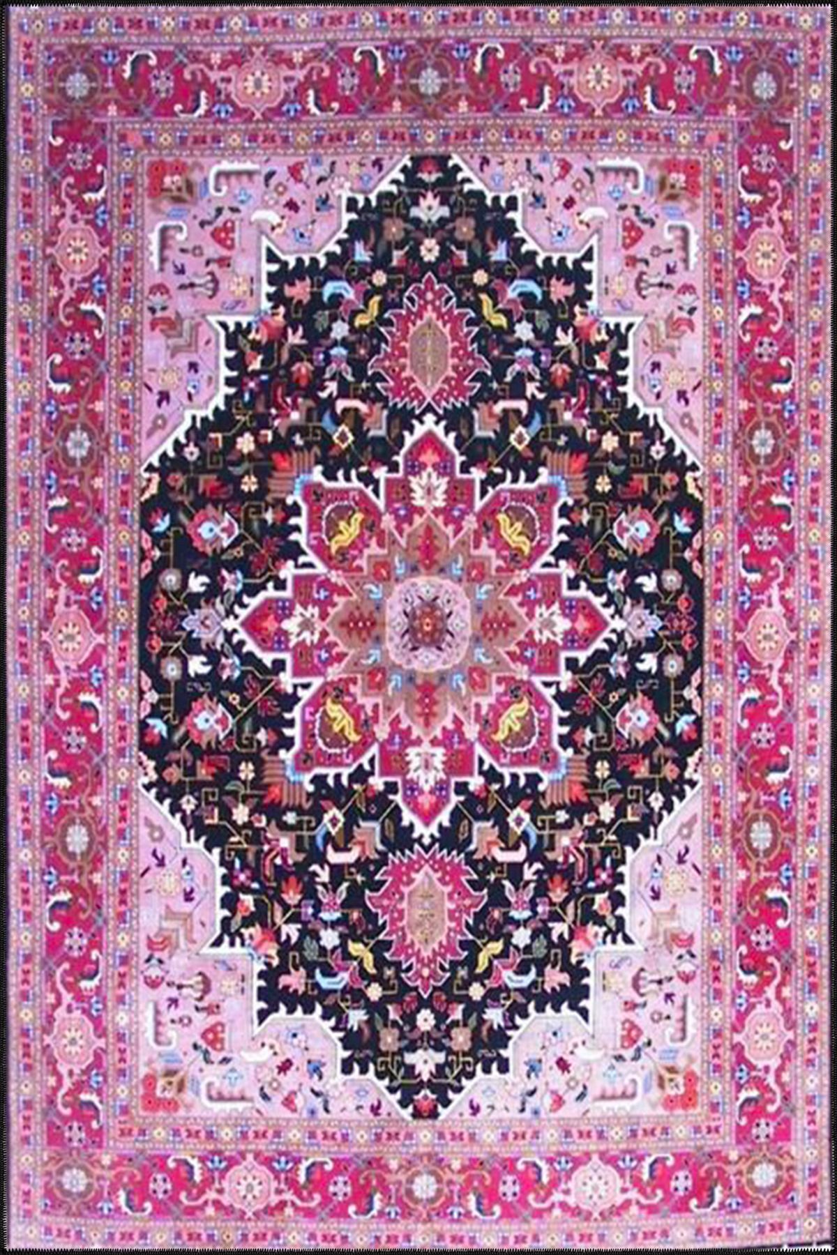 Geleneksel Pembe Çok Renkli Temalı Desenli Dokuma Taban Halı ve Yıkanabilir Halı aloha199