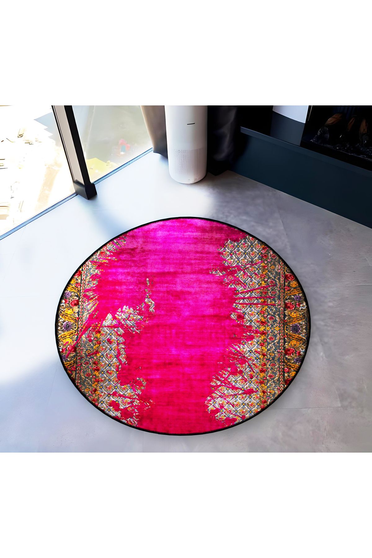 Mira Yuvarlak Antik Zeminde Pembe Karışık Çizgiler Detaylı Dokuma Taban Modern Dekoratif Halı 5700