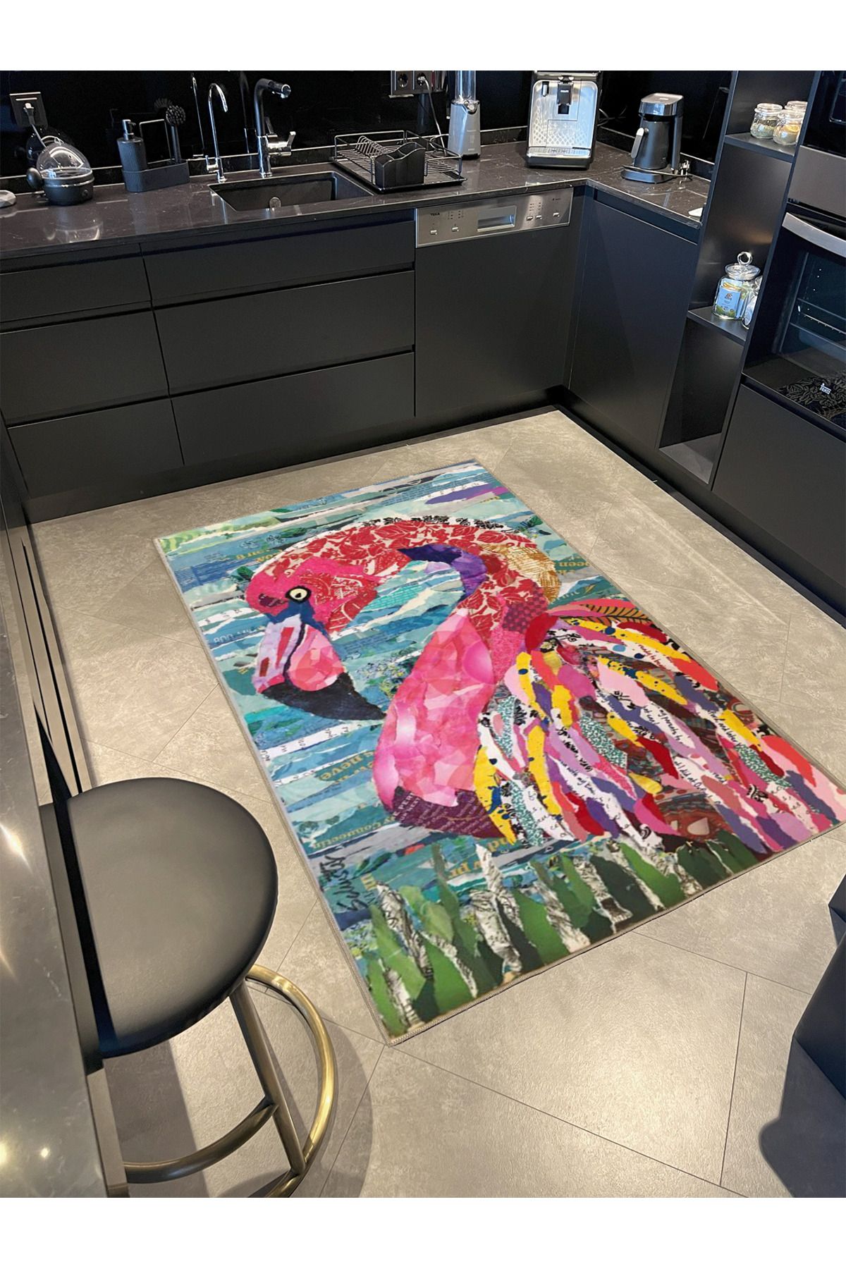 Pembe Mavi Temalı Deniz ve Flamingo Desenli Kreatif Modern Dekoratif Halı 3581