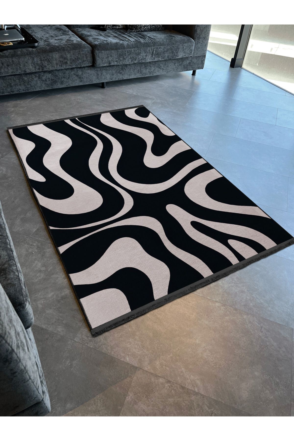 Siyah Bej Temalı Zebra Desenli Kreatif Modern Dekoratif Halı 2537