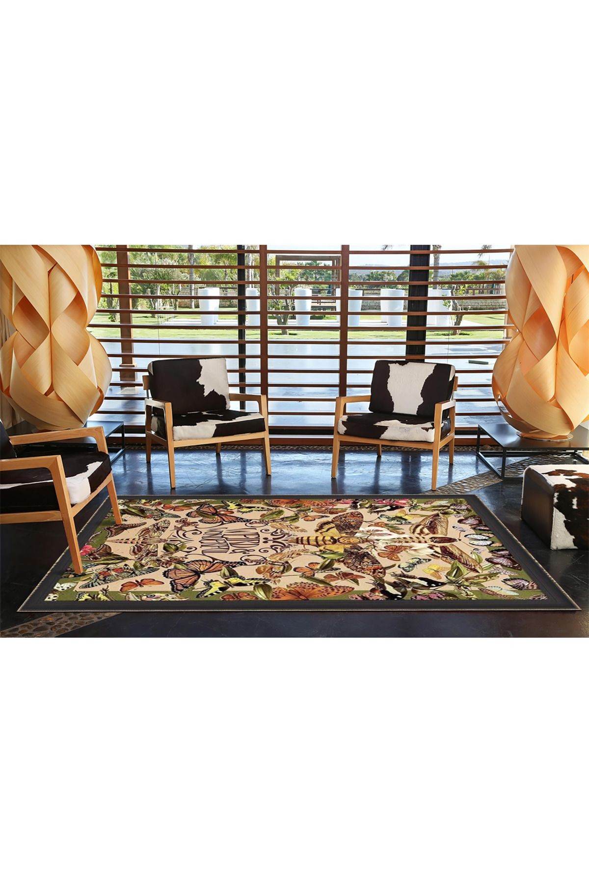 Kelebek ve Arı Motifli Desenli Modern Dekoratif Yıkanabilir Halı miravip8257