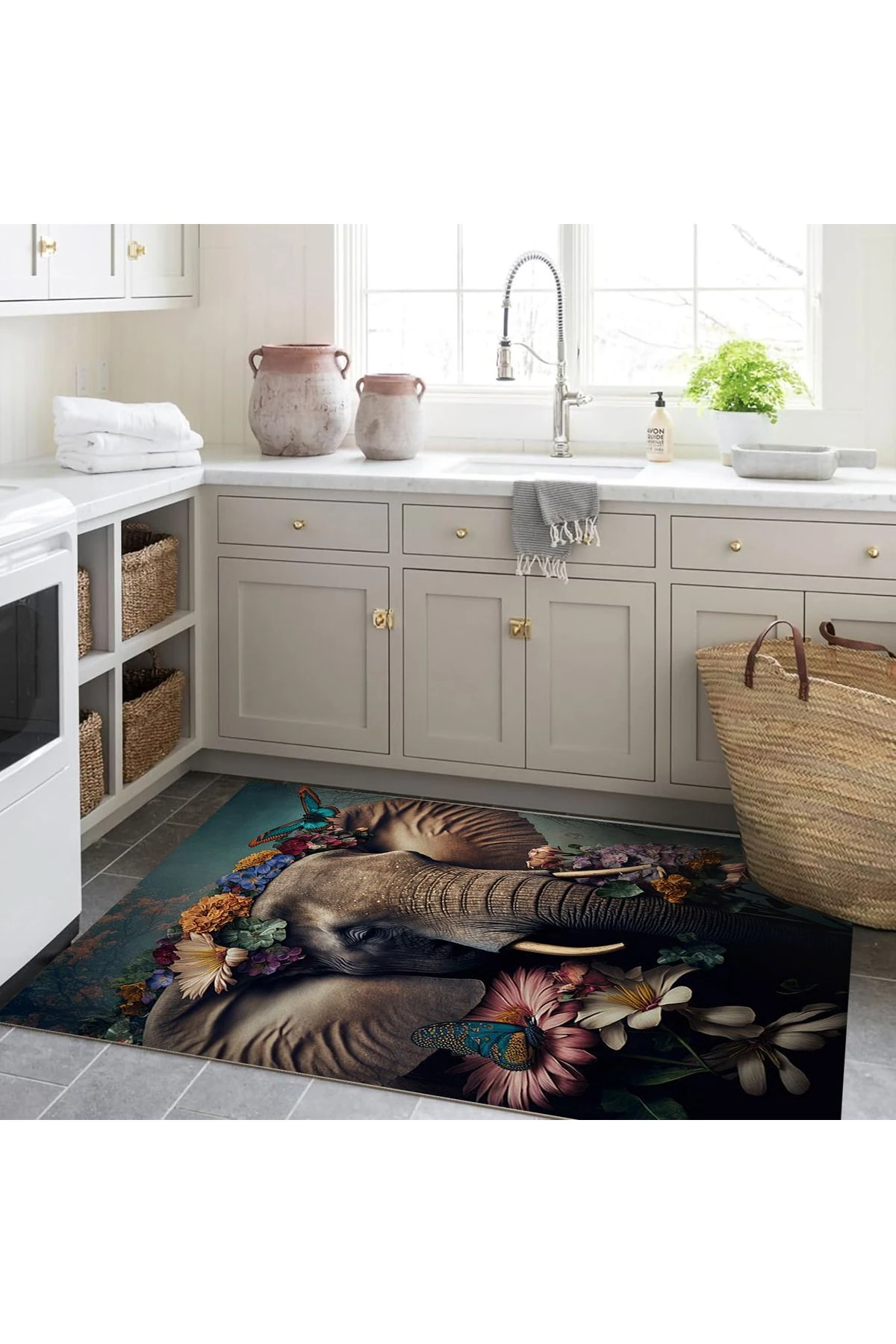 Kubilay Koleksiyonu Çok Renkli Soyut Çiçek Detaylı Fil Desenli Dokuma Taban Modern Dekoratif Halı 40