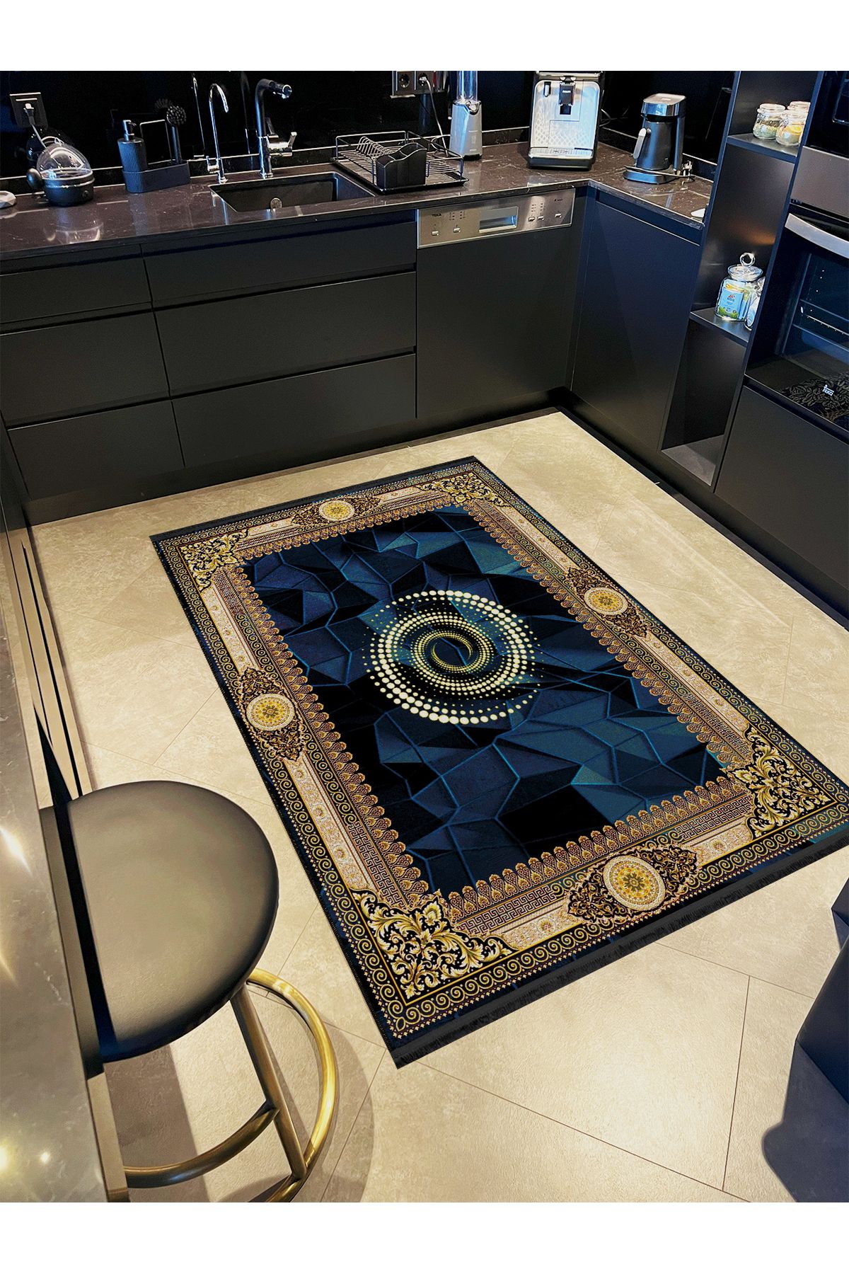 Sarı Bordür Detaylı Desenli Lacivert Şekilli Antik Tasarım Serisi Dekoratif Halı antik162