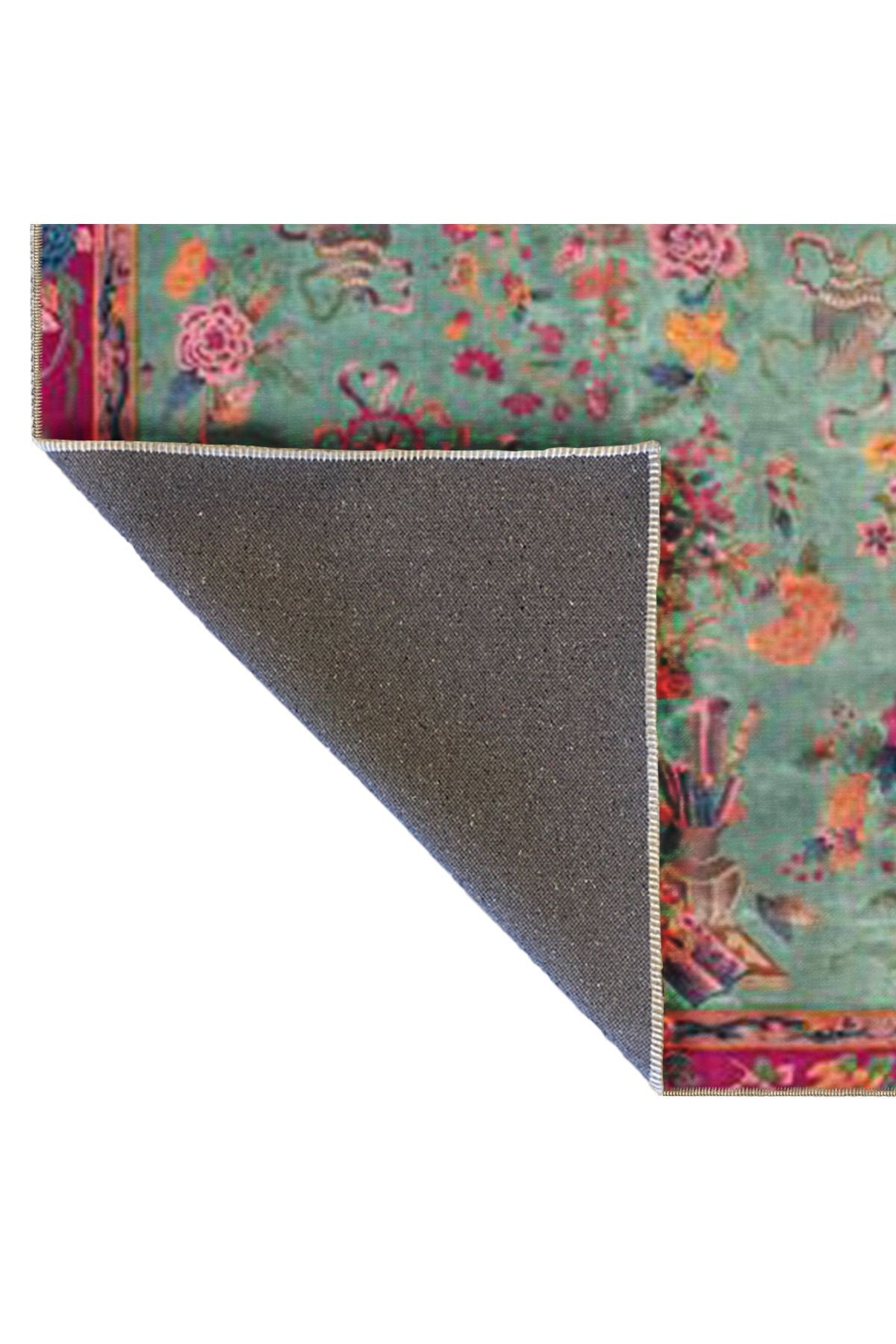 Mavi Pembe Temalı Floral Çiçek Desenli Vintage Dekoratif Halı 4844