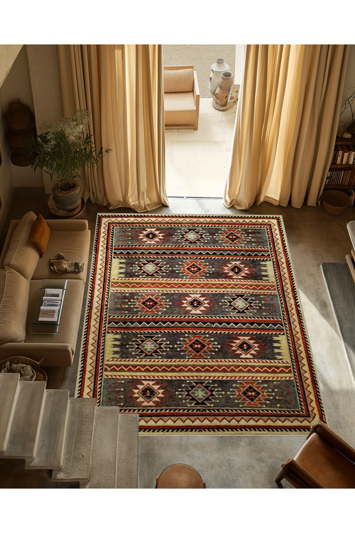 Koyu Ton Çok Renkli Motifli Etnik Desenli Vintage Dekoratif Halı 3289