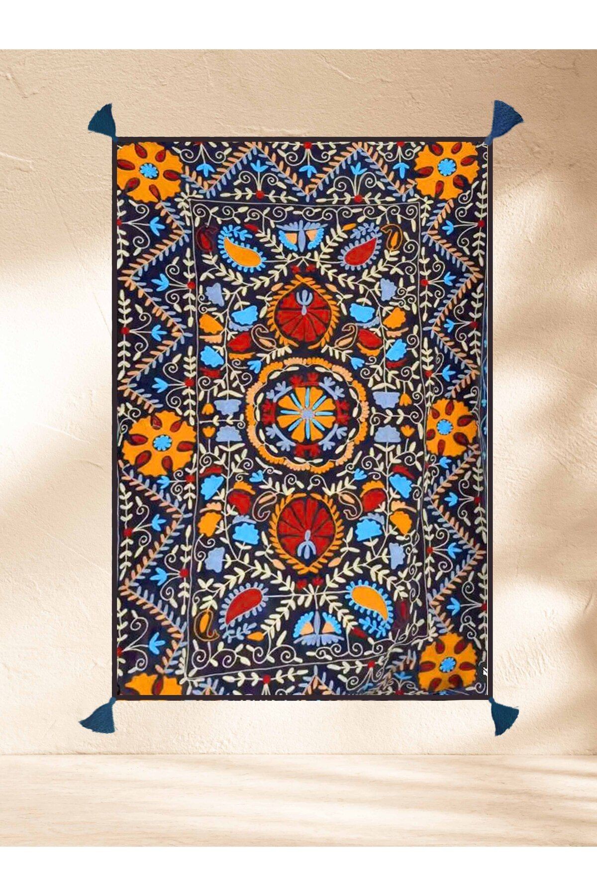 Haryana Koleksiyonu Mavi Temalı Soyut Etnik Motifler Desenli Dokuma Taban Vintage Dekoratif Halı 09