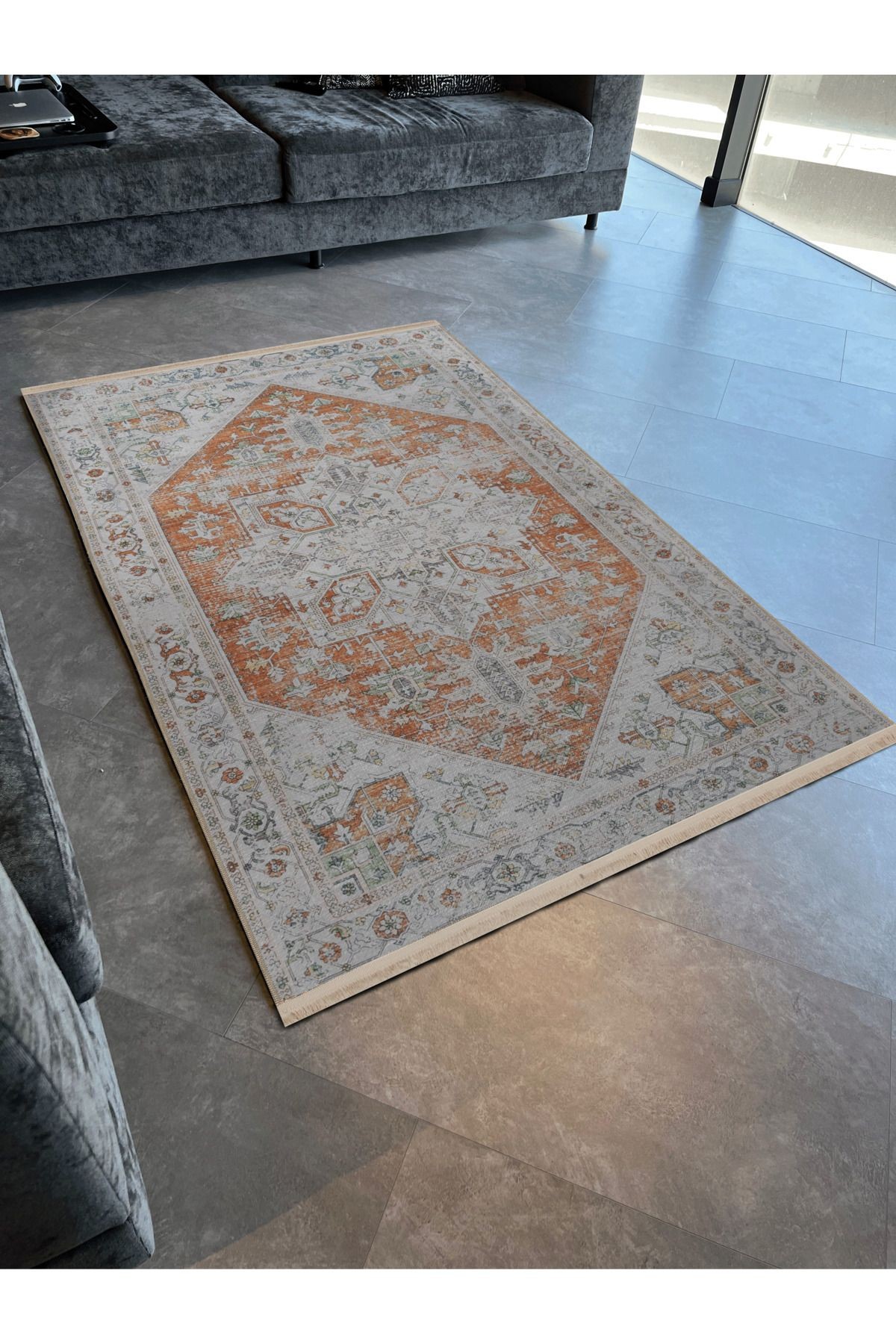 Turuncu Bej Temalı Geleneksel Motif Etnik Desenli Vintage Dekoratif Halı 2776