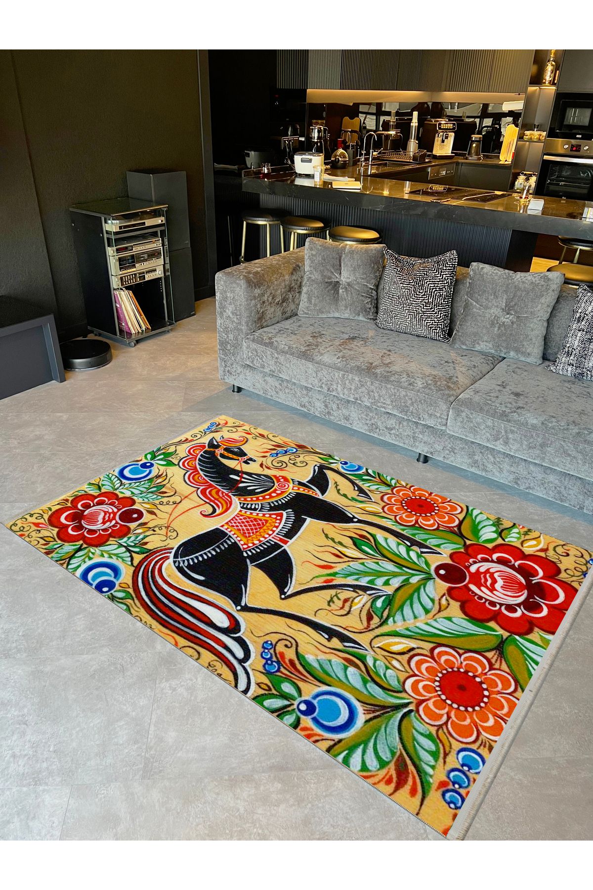 Yılmaz Koleksiyonu Çok Renkli Asil At ve Çiçek Figürleri Desenli Kreatif Modern Dekoratif Halı 07