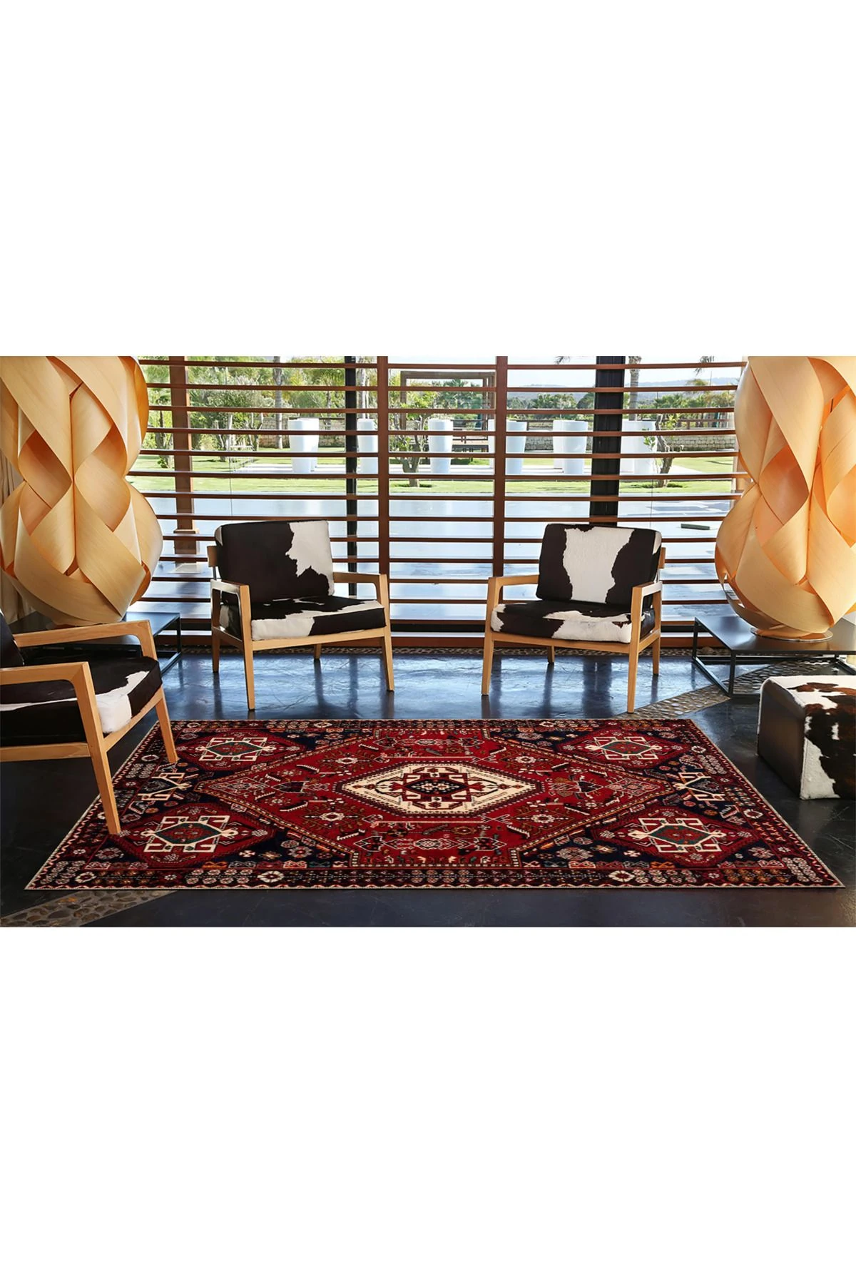 Kapalı Kırmızı Çiçekli Geometrik Geleneksel Desenli Kreatif Dokuma Taban Halı miravip131