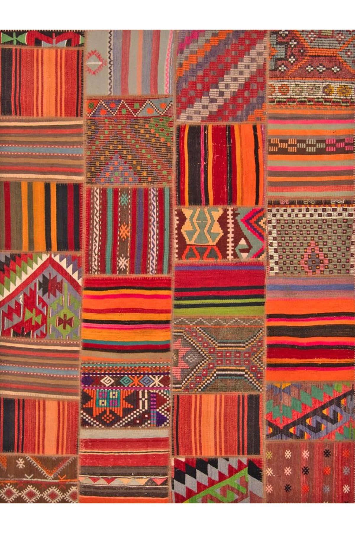 Cansu Koleksiyonu Patchwork Görünümlü Turuncu Tonlarda Dokuma Taban Modern Dekoratif Halı cansu04
