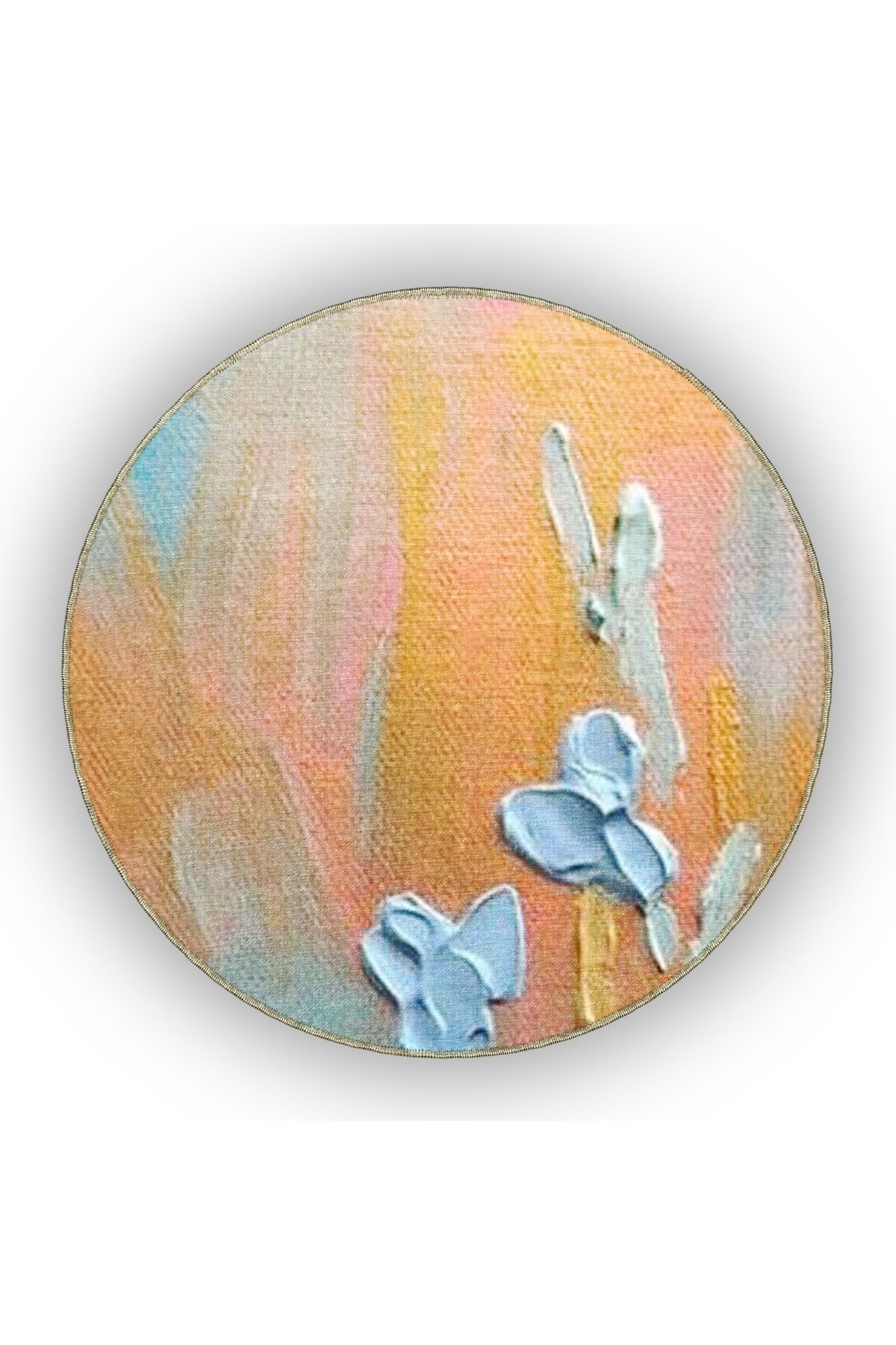 Pastel Mavi Turuncu Temalı Çimen Çiçek ve Kelebek Desenli Modern Dekoratif Halı 5087