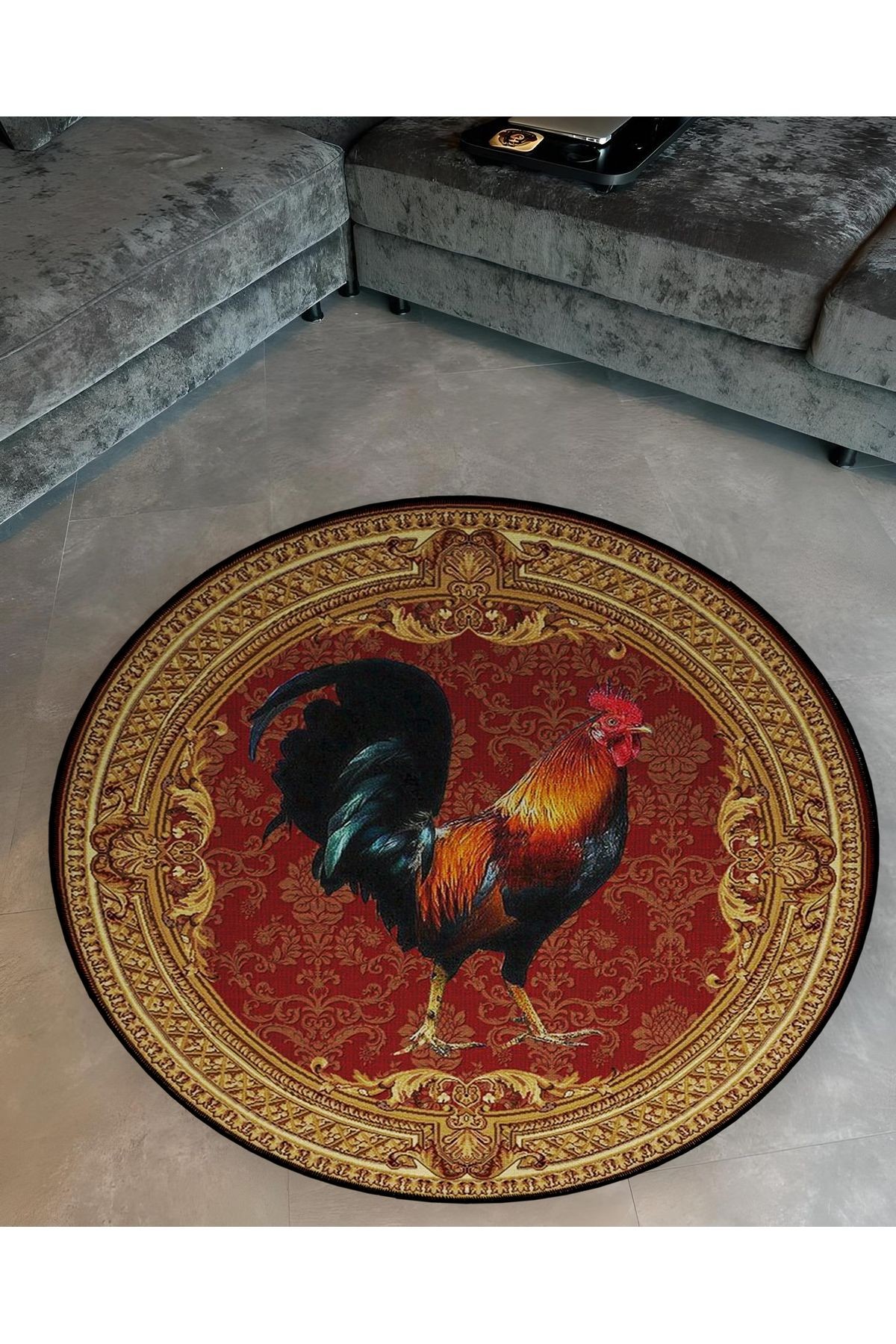 Bordo Tema Horoz Desenli Yuvarlak Dokuma Taban Vintage Dekoratif Halı 6132