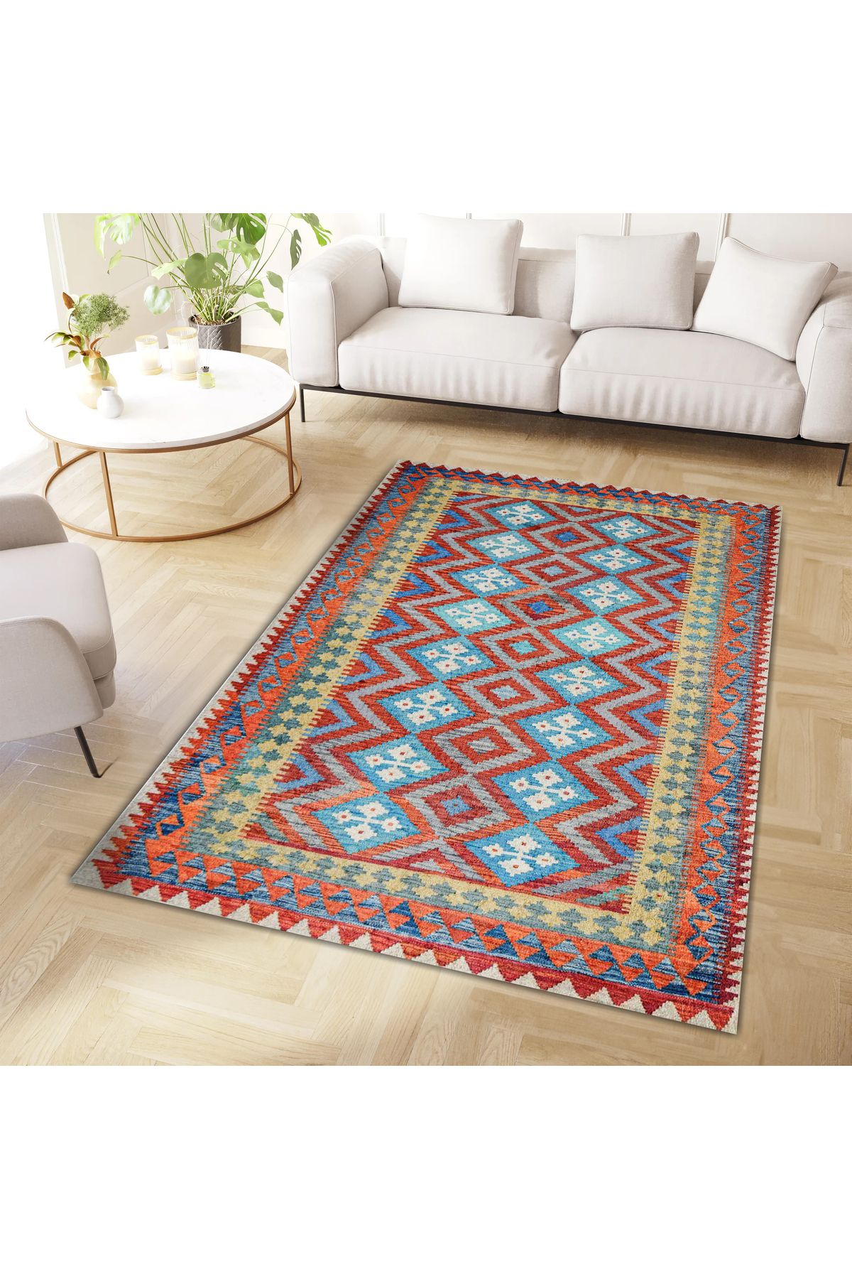 Mete Koleksiyonu Mavi ve Kırmızı Temalı Etnik Geometrik Motif Desenli Vintage Dekoratif Halı 22