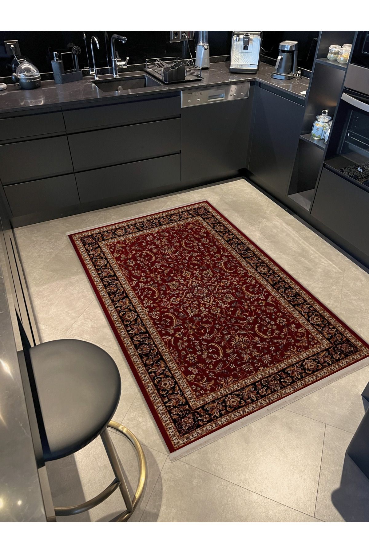 Bordo Siyah Temalı Geleneksel Motif Etnik Desenli Kreatif Vintage Dekoratif Halı 2545
