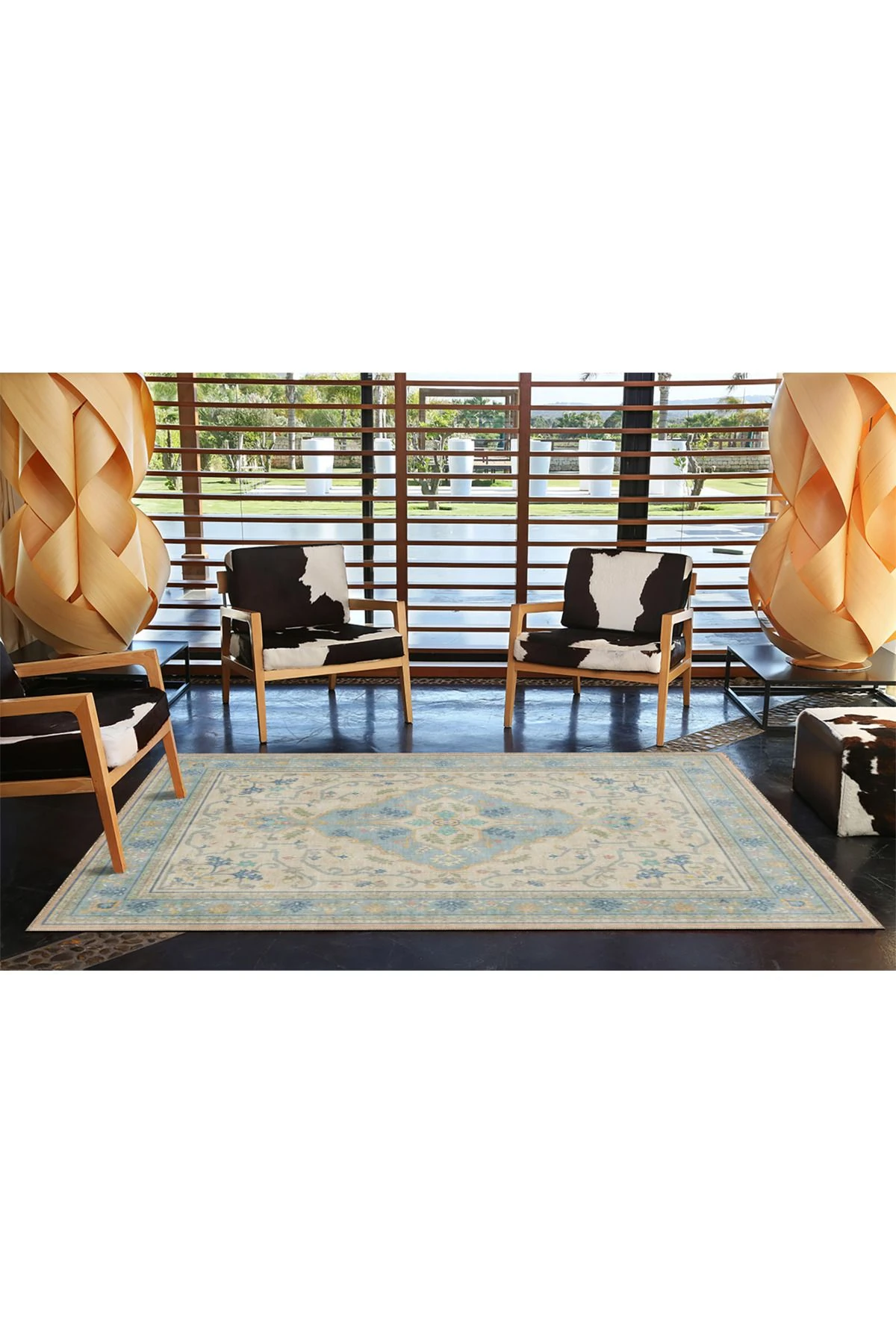 Mavi Krem Yıldızlı Geometrik Desenli Yıkanabilir Dokuma Taban Halı miravip8084