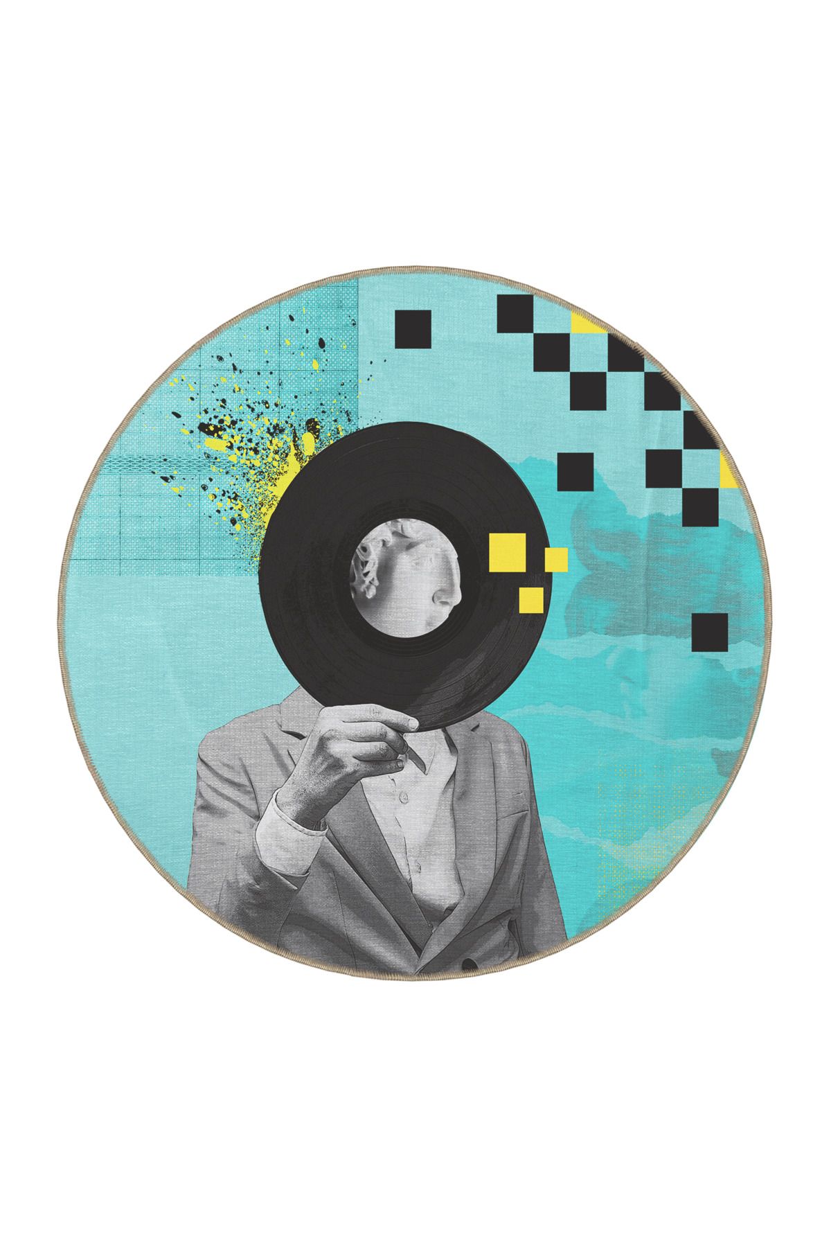 Turkuaz Gri Temalı İnsan Figürü Desenli Modern Dekoratif Halı 3480