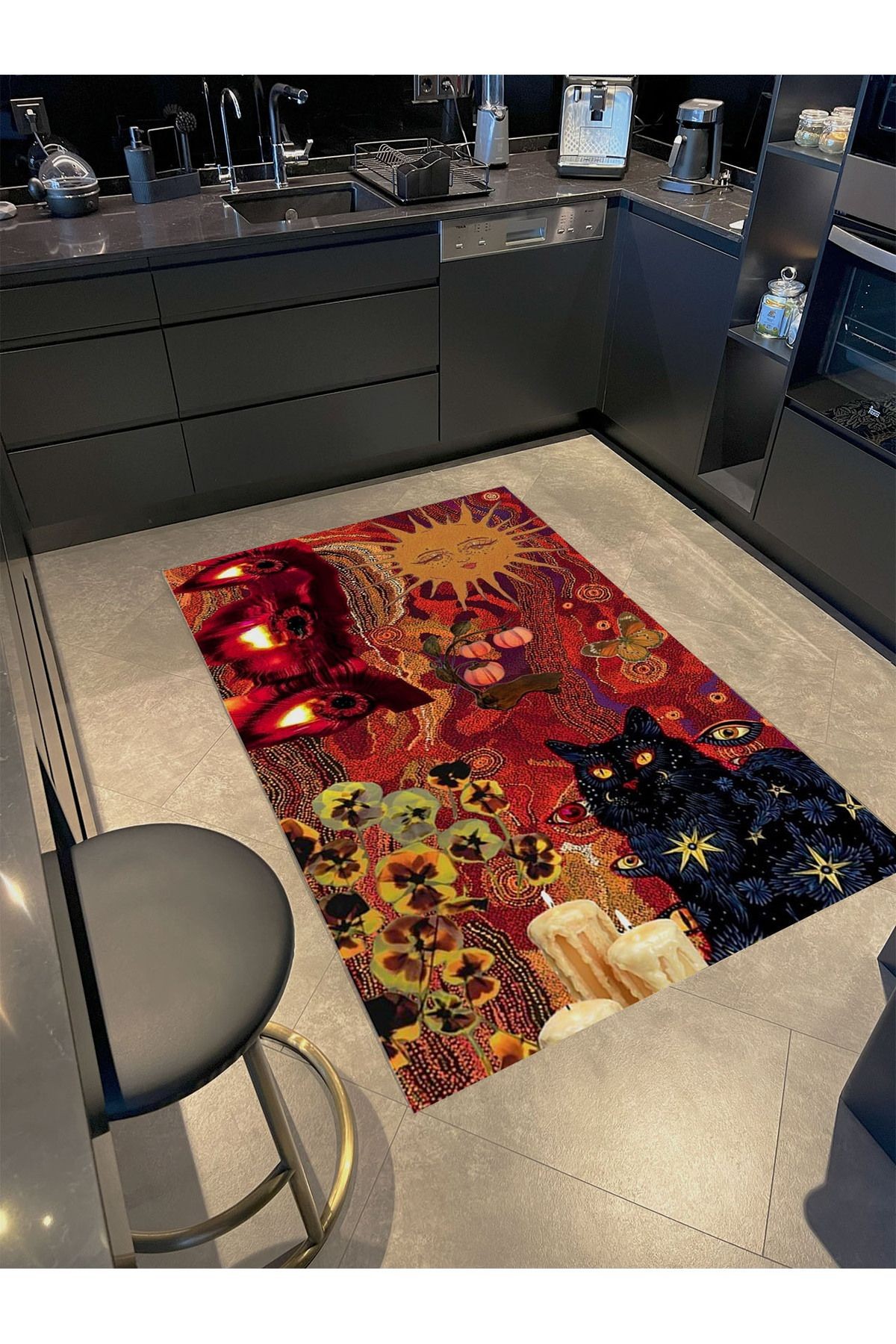 Güneş Koleksiyonu Mumlar Kedi ve Güneş Desenli Dokuma Taban Modern Dekoratif Halı güneş24