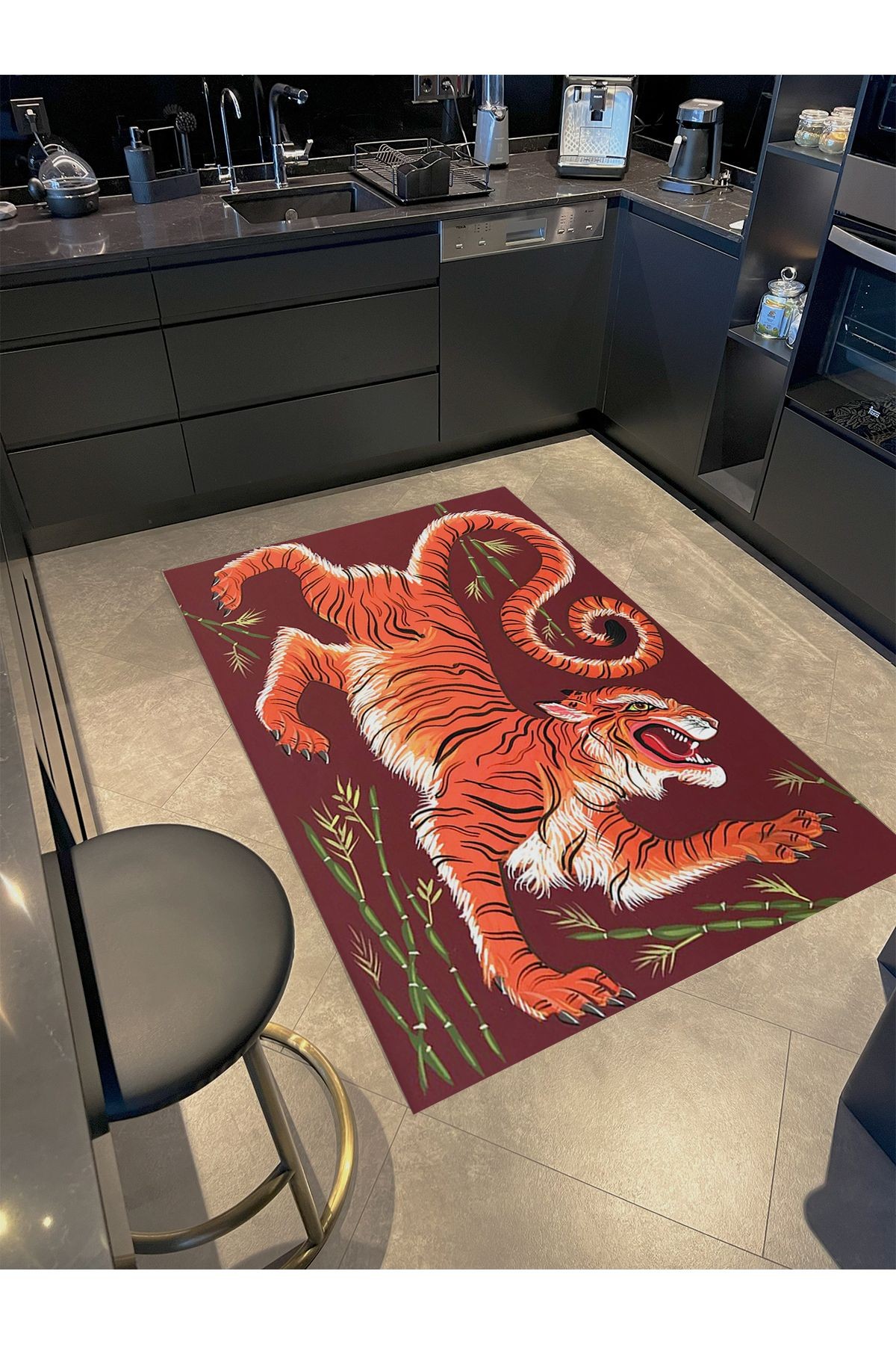 Kubilay Koleksiyonu Kaplan ve Bambu Bitki Desenli Dokuma Taban Modern Dekoratif Halı 34