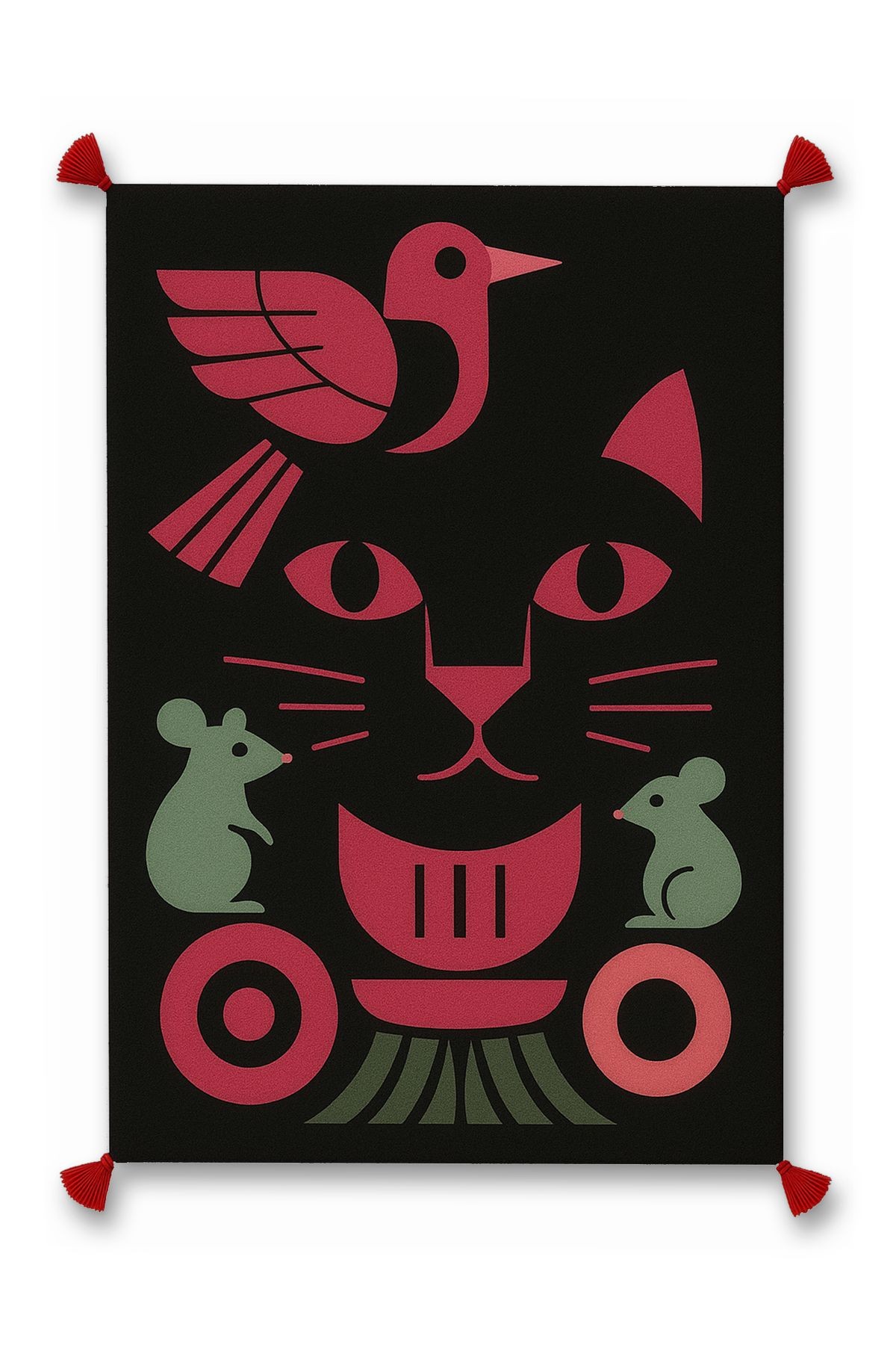 MOSSO Kuş Kedi Fare Soyut Desenli Püskül Detaylı Dokuma Taban Modern Dekoratif Halı mosso83