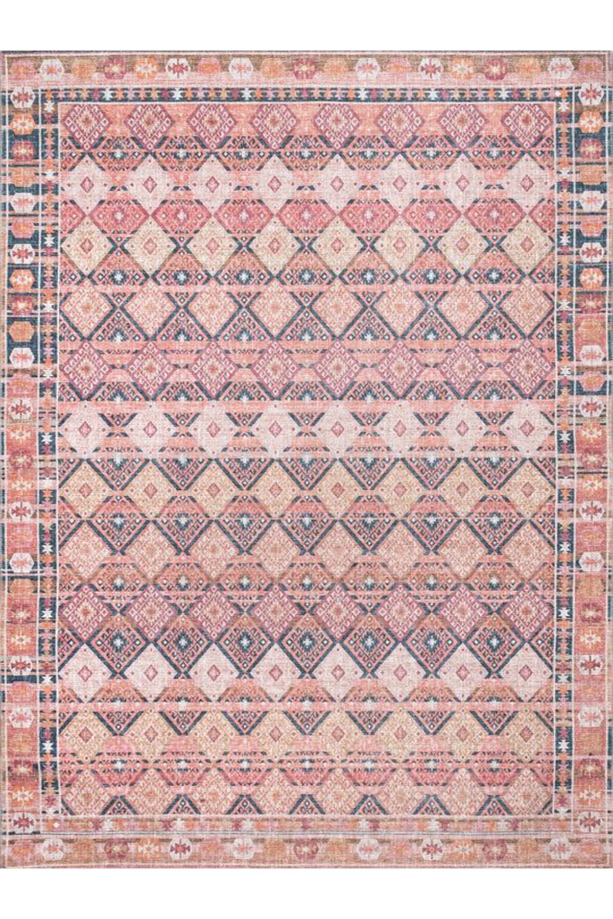 Asya Koleksiyonu Eskitme Görünümlü Pembe Gri Dokuma Taban Modern Dekoratif Halı asya39