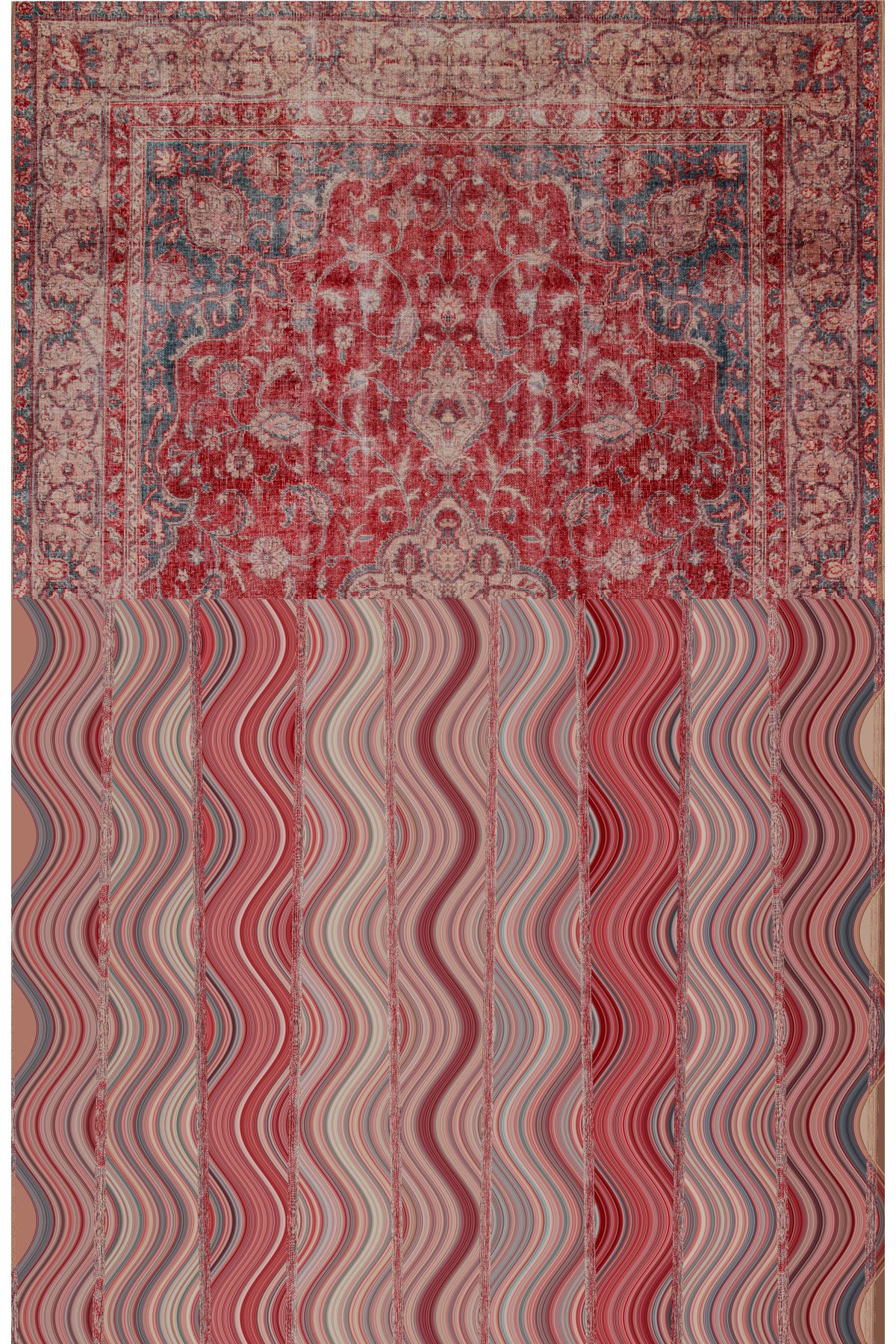 Fiorella Kırmızı Vintage  Zigzag Bozulan Desen Temalı Dokuma Taban Dekoratif Halı 7015