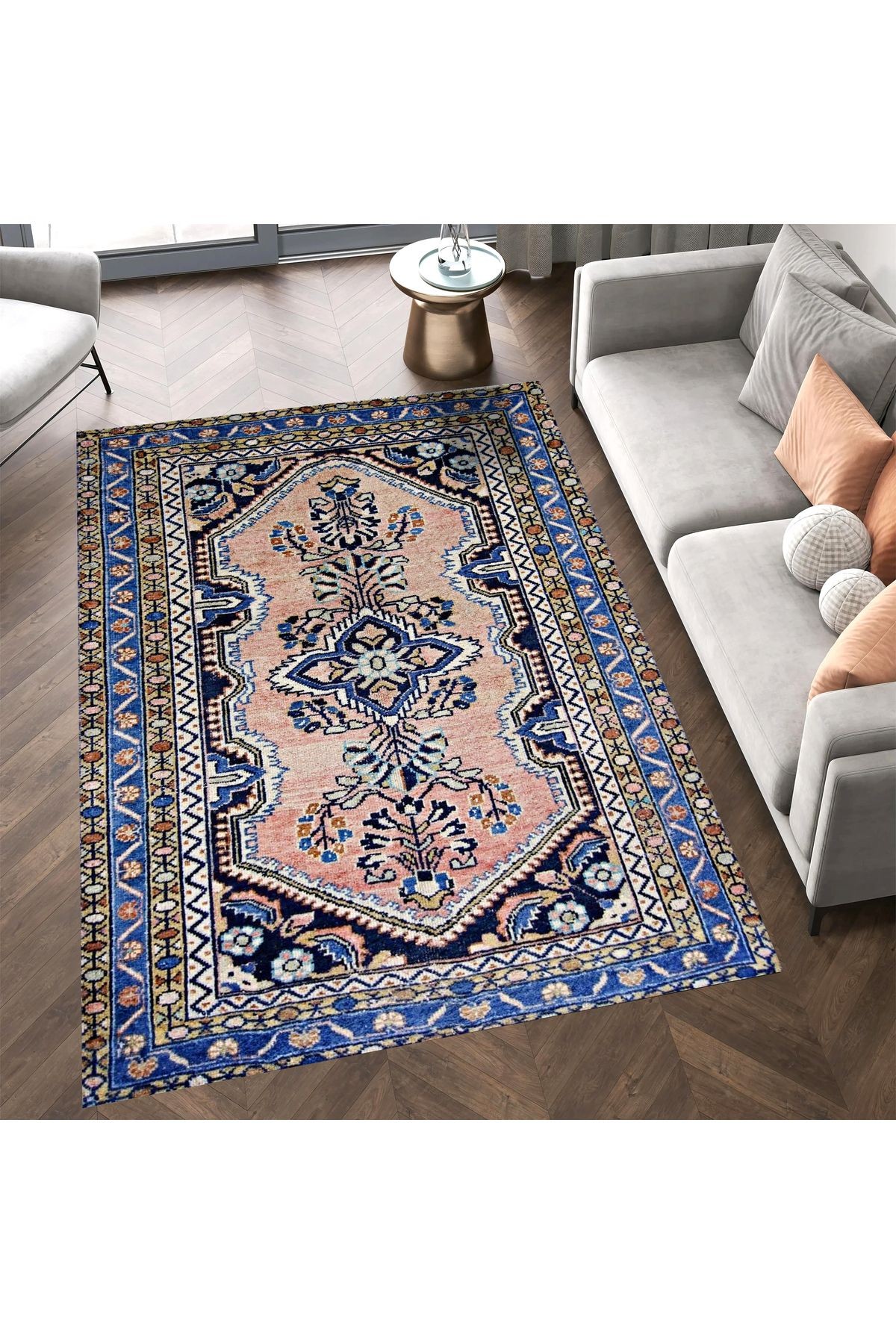 Asena Koleksiyonu Pudra ve Lacivert Temalı Geleneksel Motif Etnik Desenli Vintage Dekoratif Halı 23