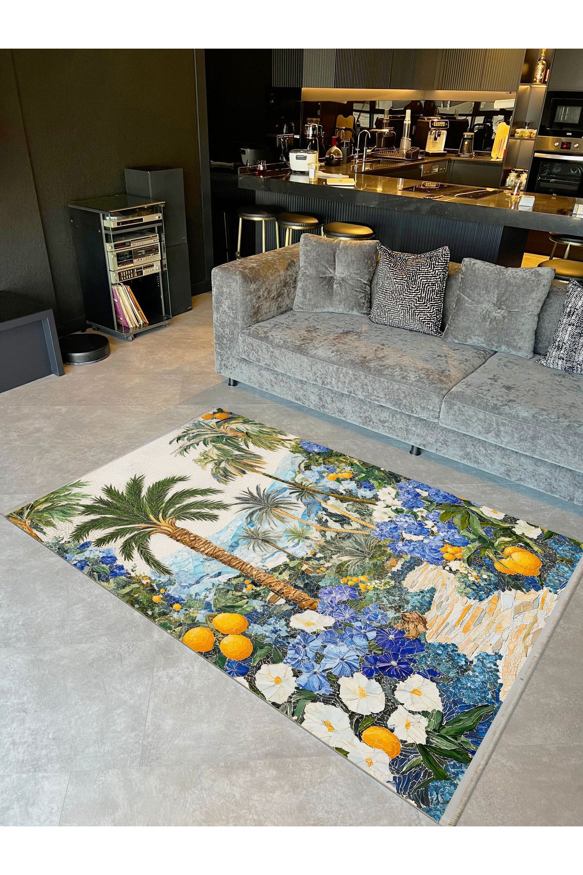 Paris Koleksiyonu Tropikal Desenli Mozaik Görünümlü Palmiye Detaylı Modern Dekoratif Halı paris34