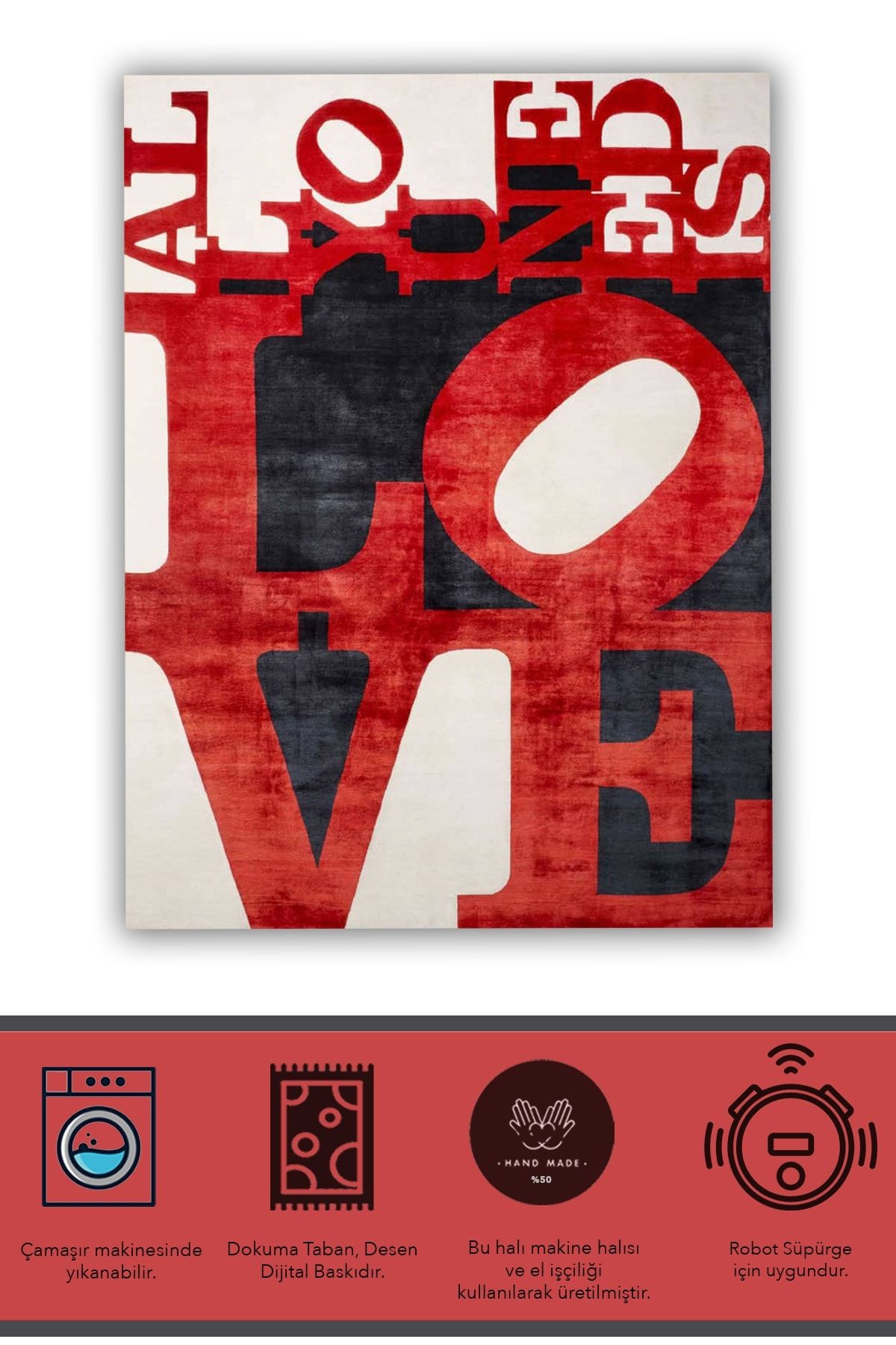 Mira 1238 All You Need Is Love Red Yazılı Dokuma Taban Halı