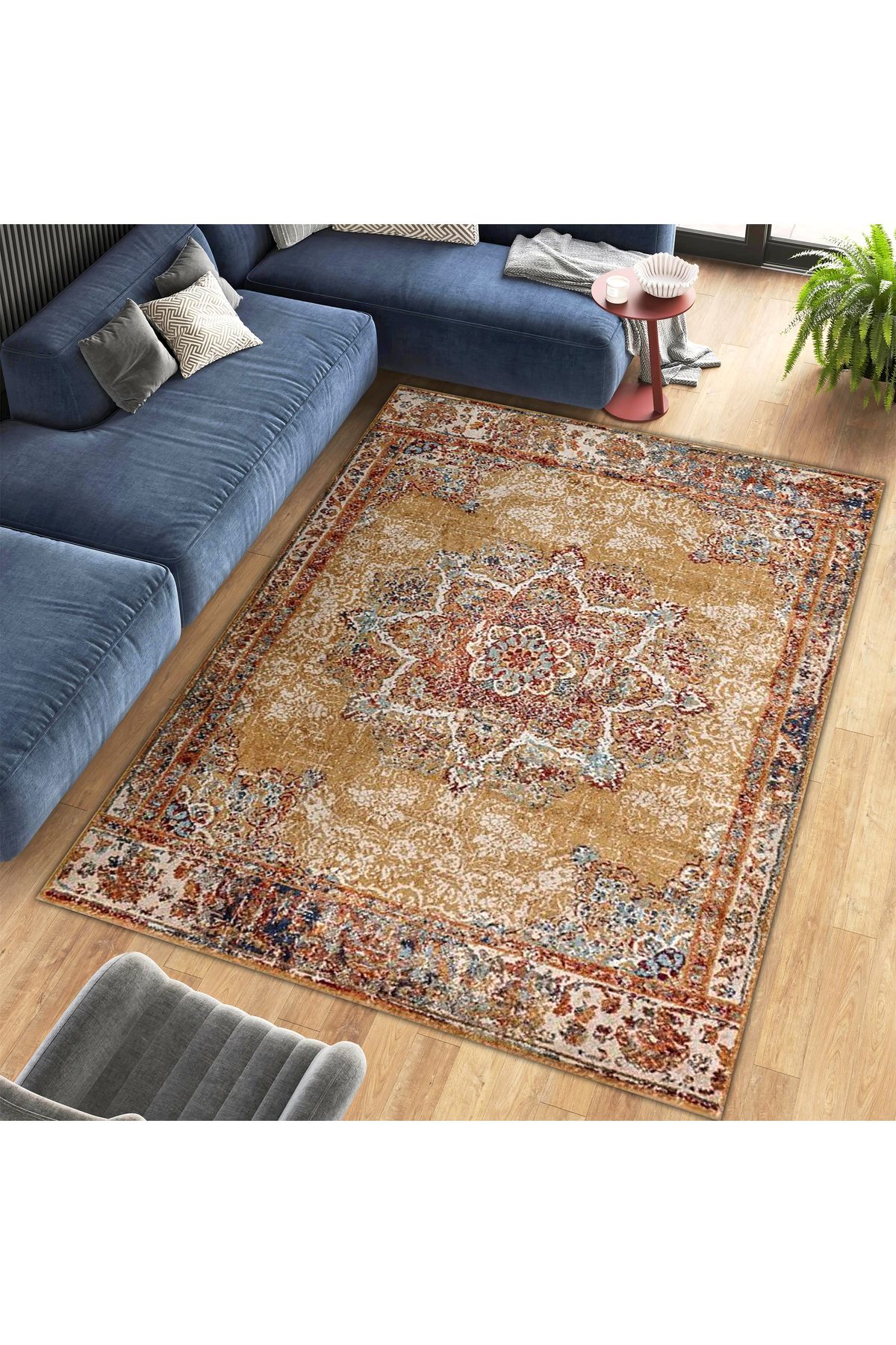 Kuzey Koleksiyonu Turuncu Kahve Tonlarda Eskitme Görünümlü Etnik Dokuma Taban Dekoratif Halı kuzey11