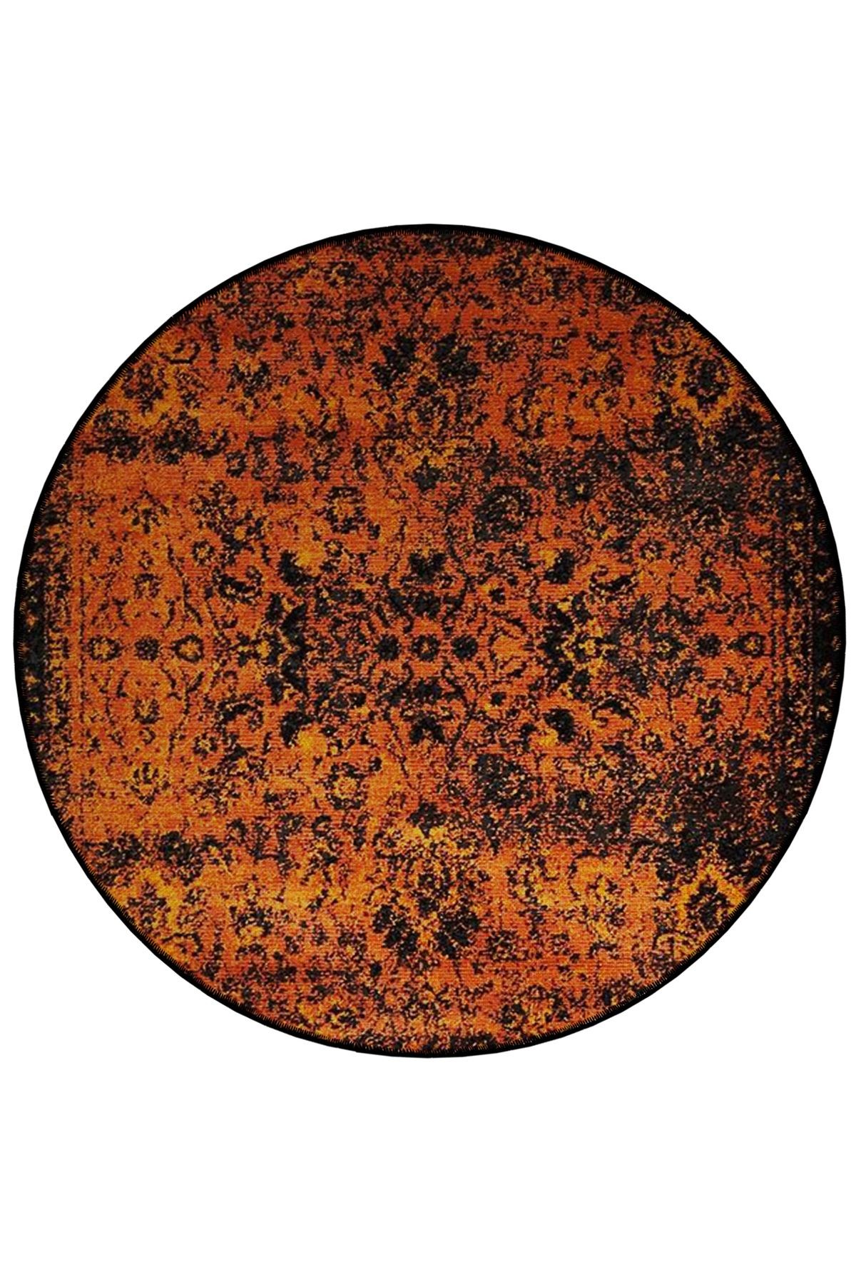 Mira Yuvarlak Turuncu Siyah Tonlarda Antik Desen Detaylı Dokuma Taban Modern Dekoratif Halı 5687