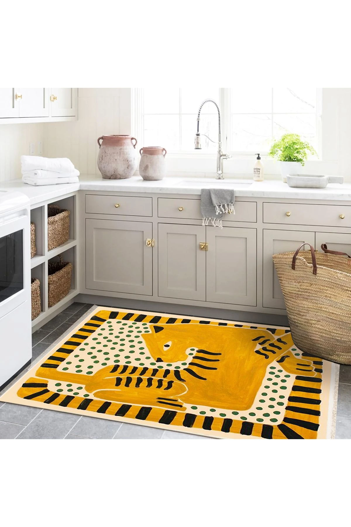 Özge Koleksiyonu Hardal Rengi Siyah Yeşil Kaplan Detaylı Dokuma Taban Modern Dekoratif Halı Özge33