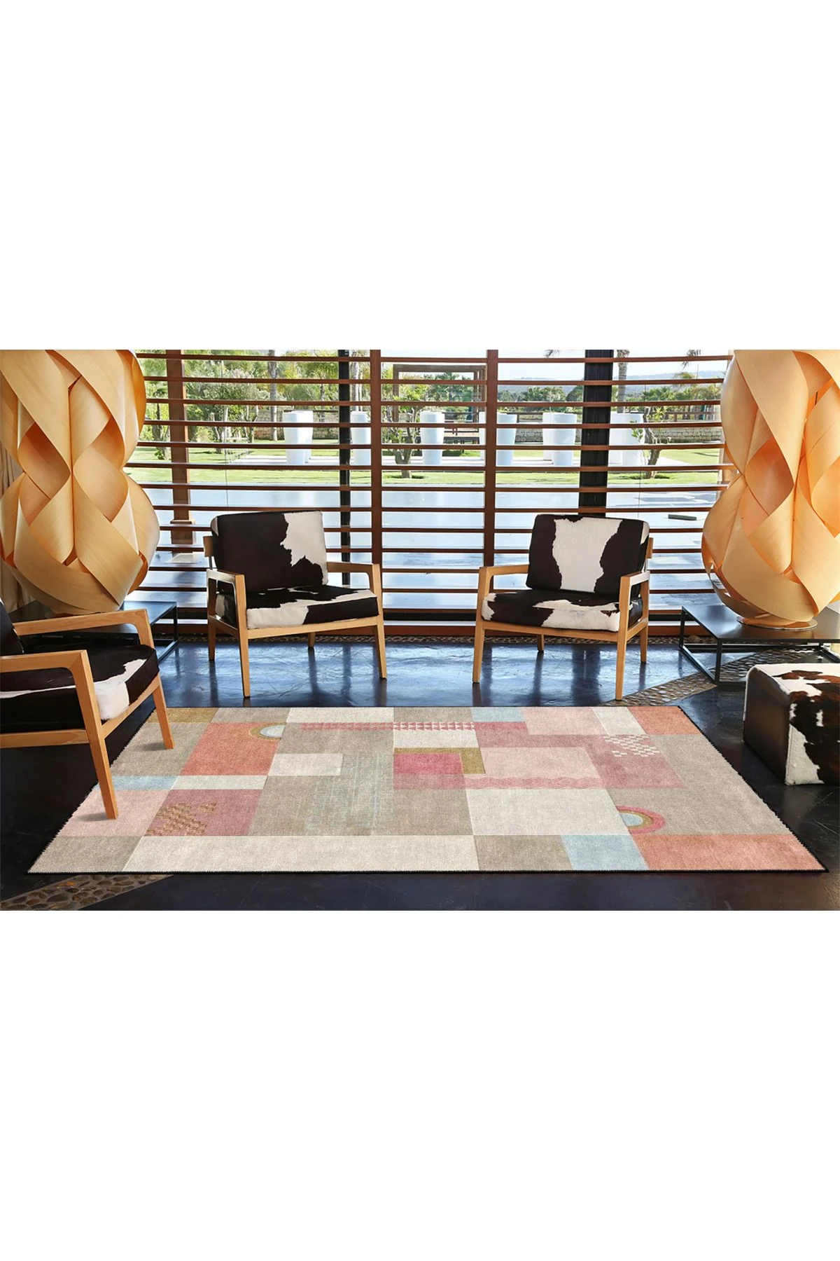 Pembe Krem Kareli Desenli Dekoratif Halı miravip893