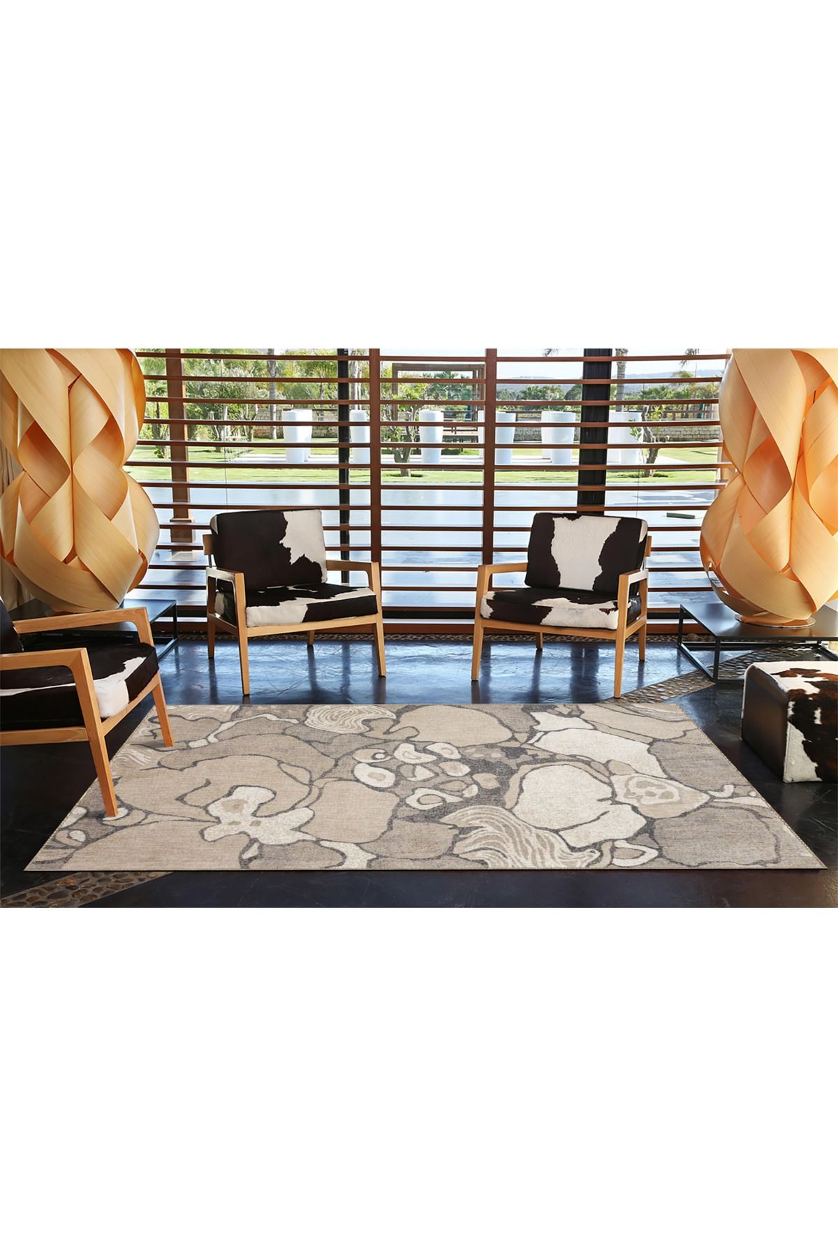 Bej Gri Temalı Soyut Abstract Desenli Kreatif Modern Dekoratif Halı 3913