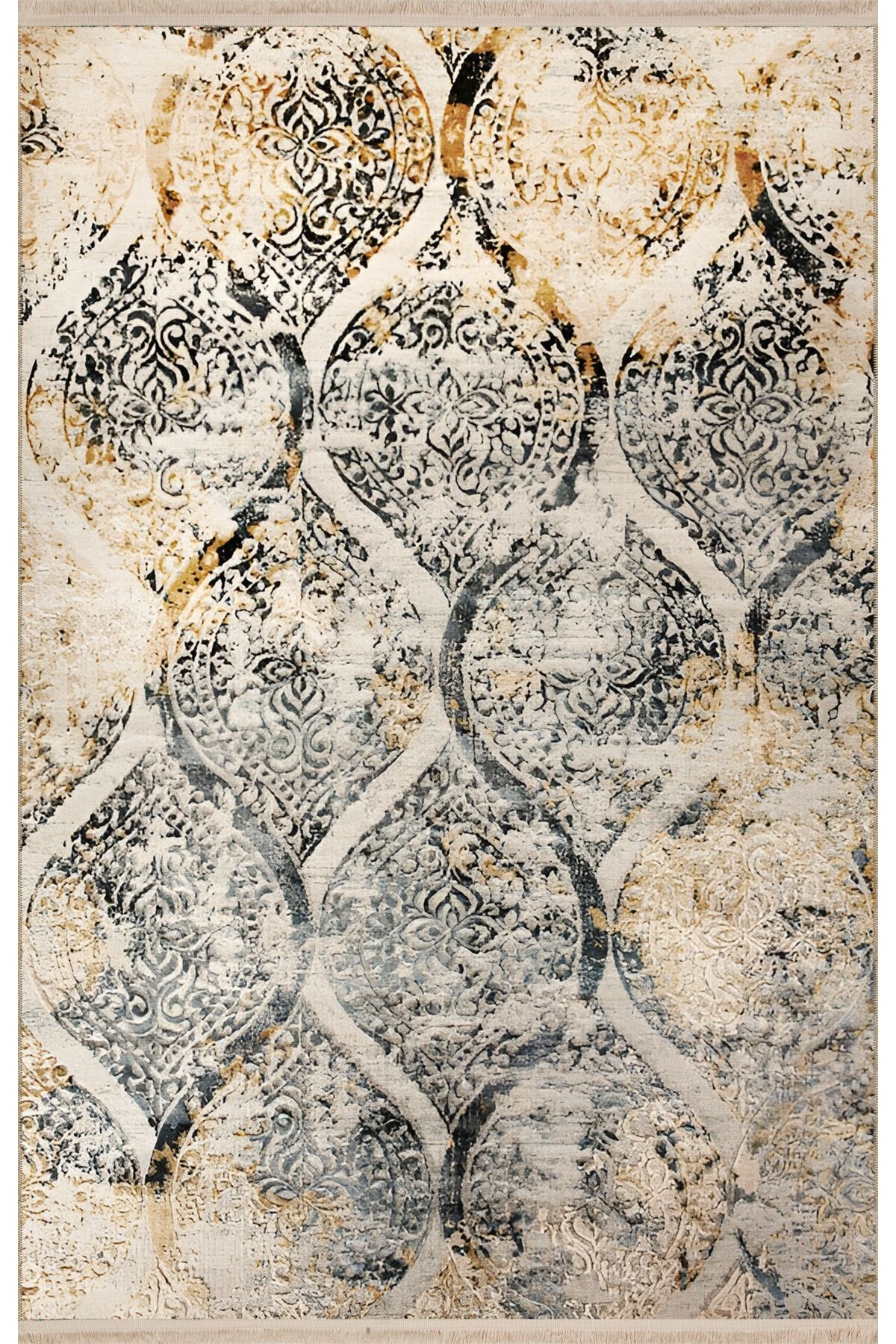 Bej Gri Pudra Geometrik Dörtgen Şekil Desenli Modern Dekoratif Halı 1945