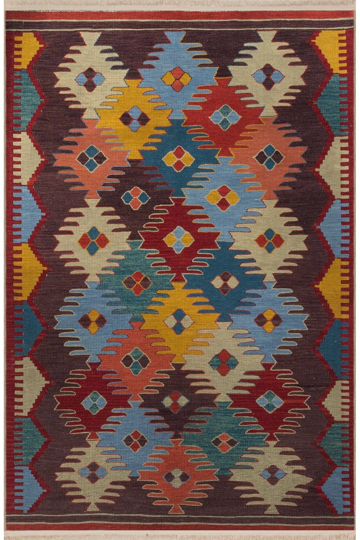 Çok Renkli Geometrik Motif Desenli Kreatif Vintage Dekoratif Halı 2685