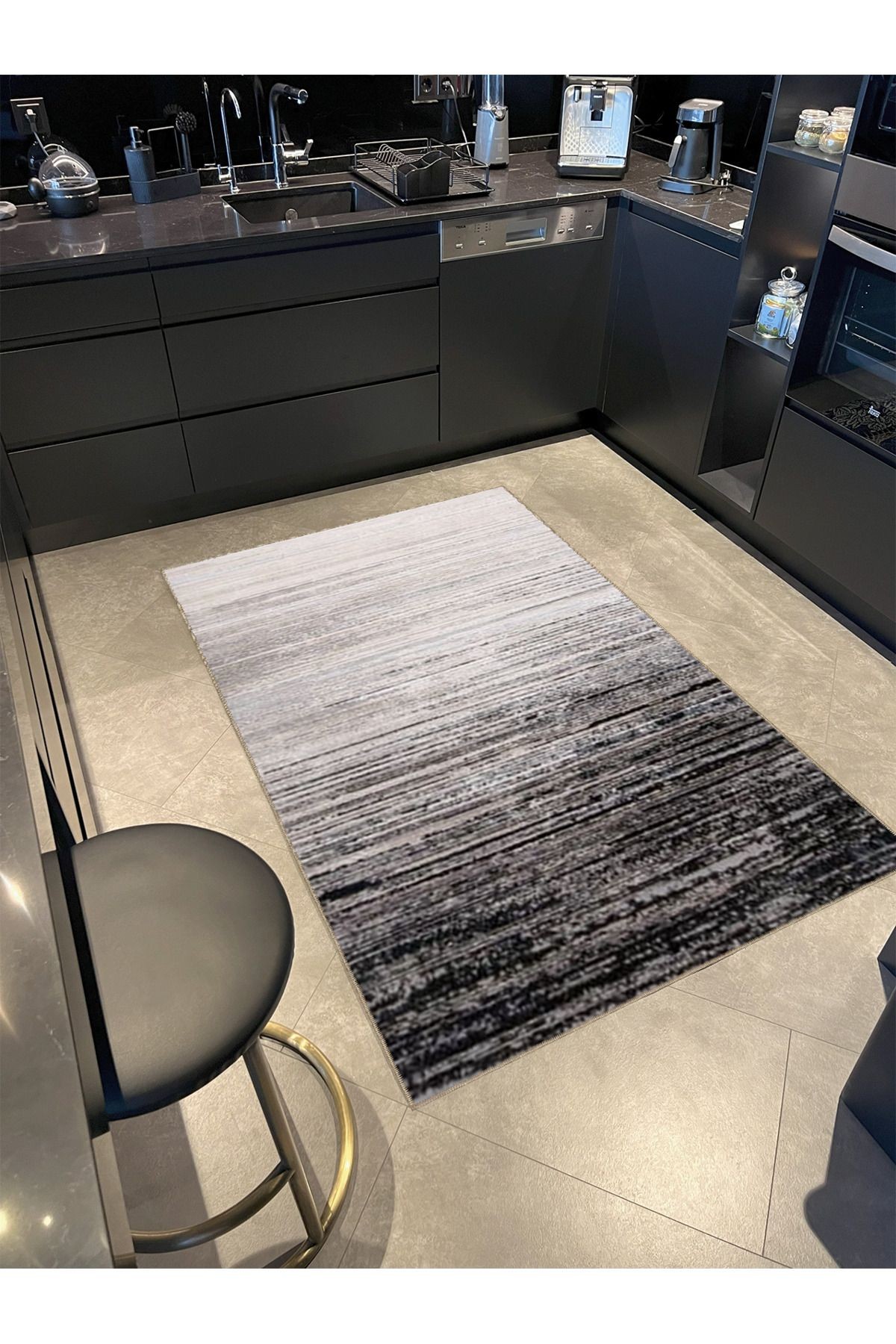 Gri Temalı Çizgili Soyut Desenli Kreatif Modern Dekoratif Halı 5018