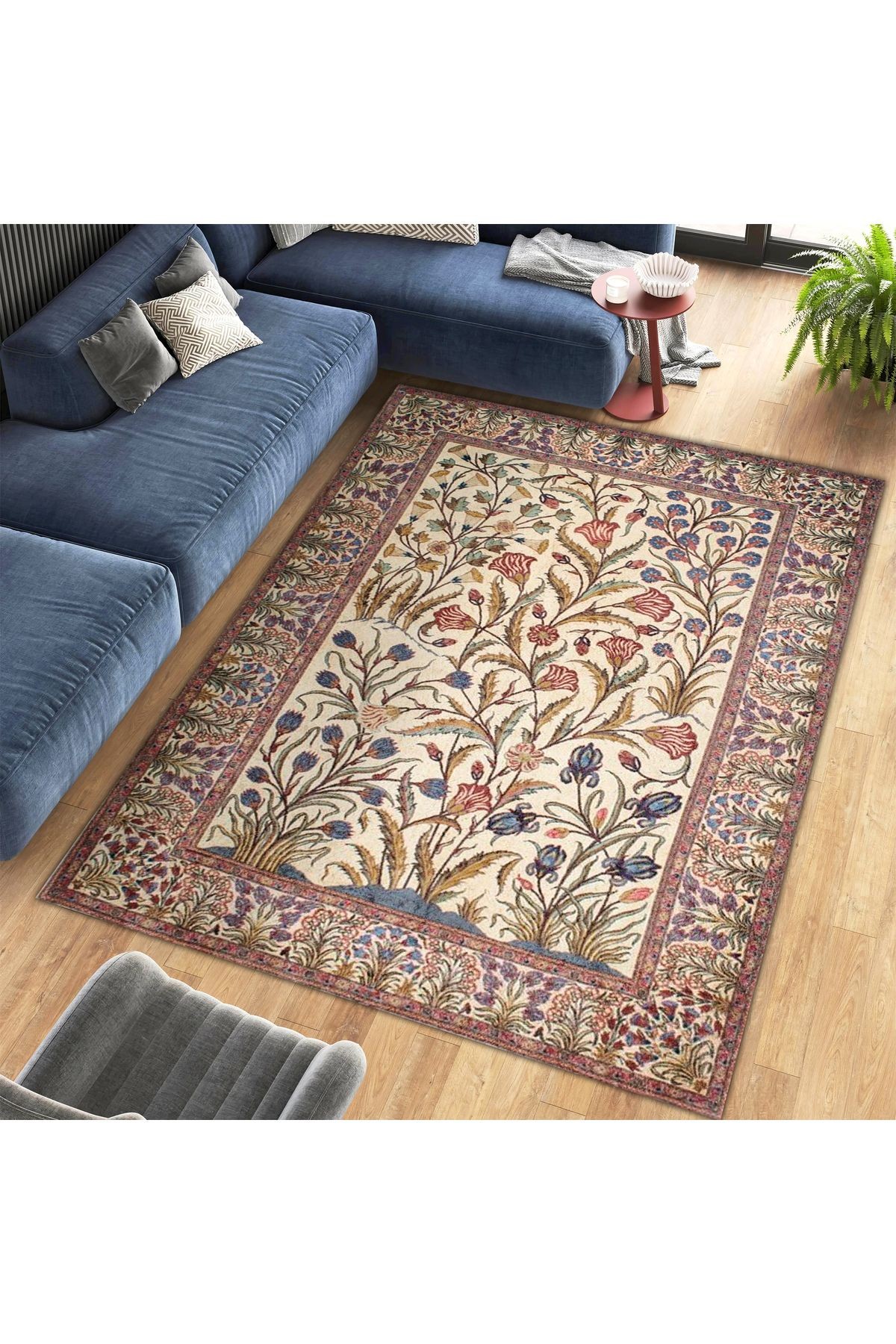 Cansu Koleksiyonu Çok Renkli Çiçek Desenli Dokuma Taban Modern Dekoratif Halı cansu44