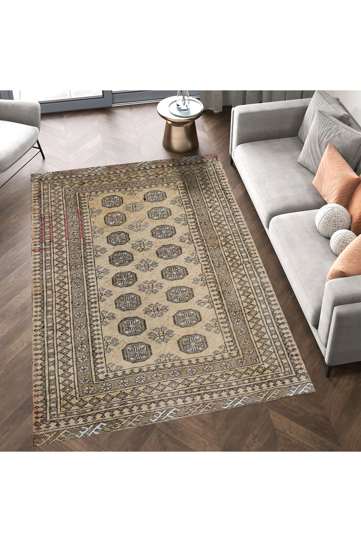 Mete Koleksiyonu Açık Kahve Temalı Bohem Detay Geleneksel Desenli Vintage Dekoratif Halı 27