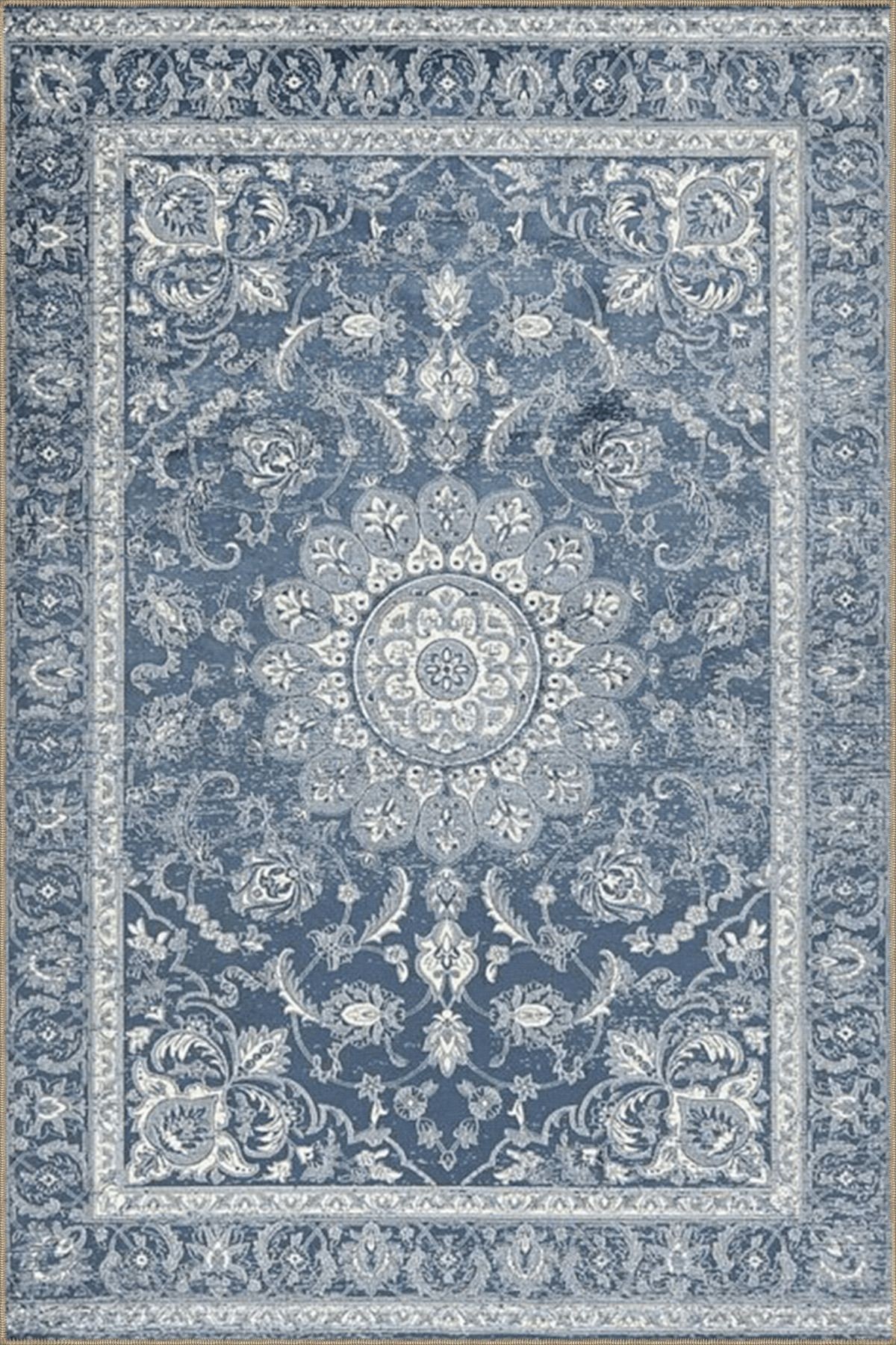 Açık Mavi Gri Temalı Geleneksel Motif Etnik Çiçek Desenli Vintage Dekoratif Halı 4548