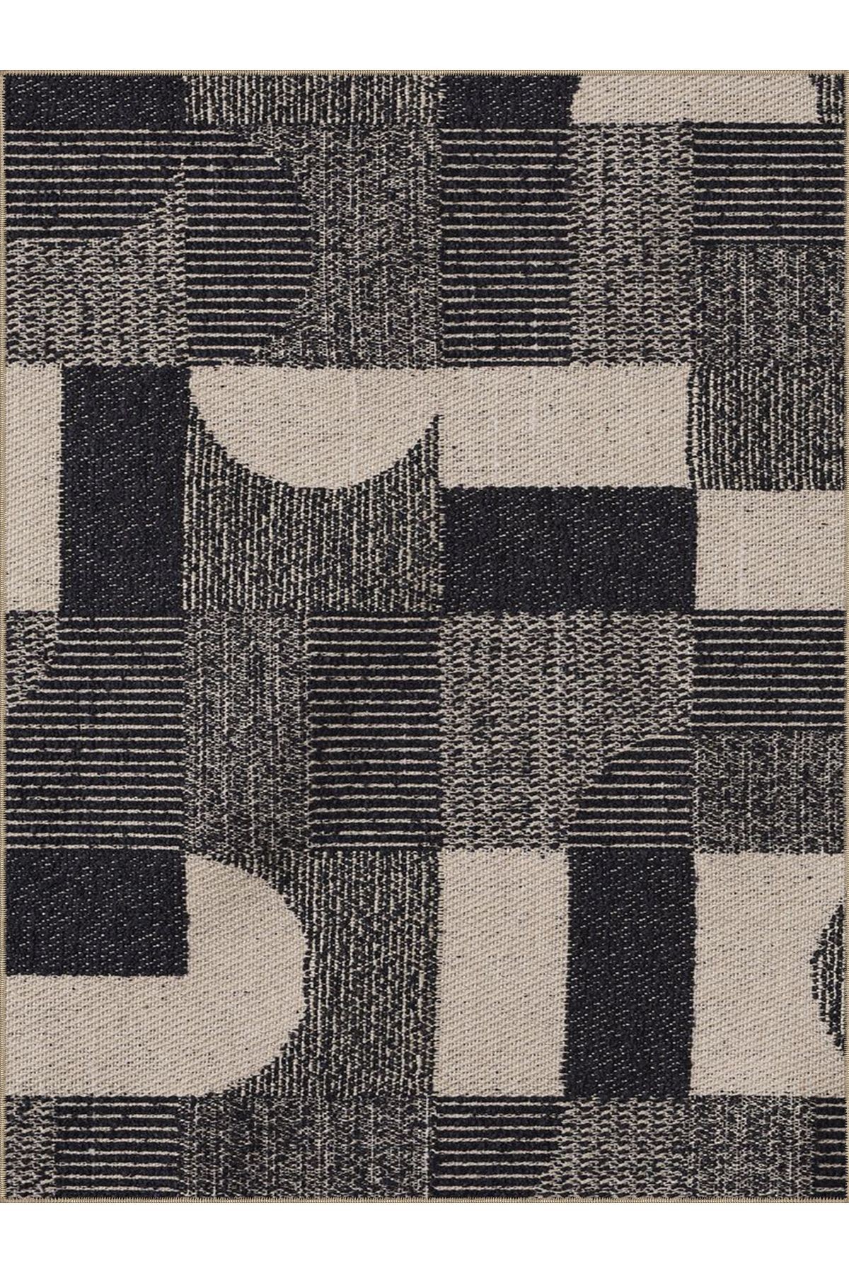 Ametist Serisi Siyah Bej Geometrik Şekiller Detaylı Dokuma Taban Modern Dekoratif Halı ametist06