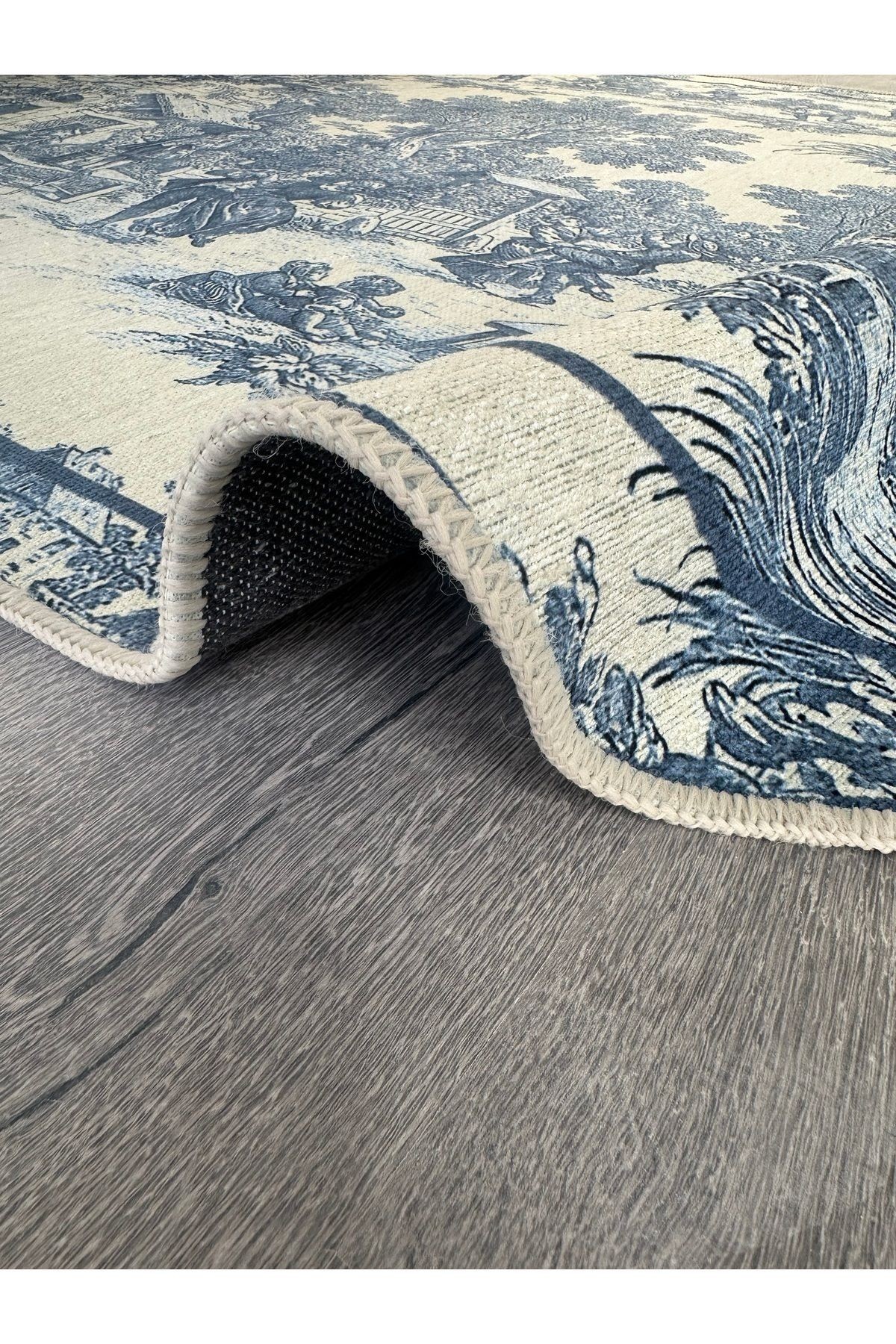 Série Vintage Blue Blanc Mavi Bej Desenli Dokuma Taban Dekoratif Halı vintage02