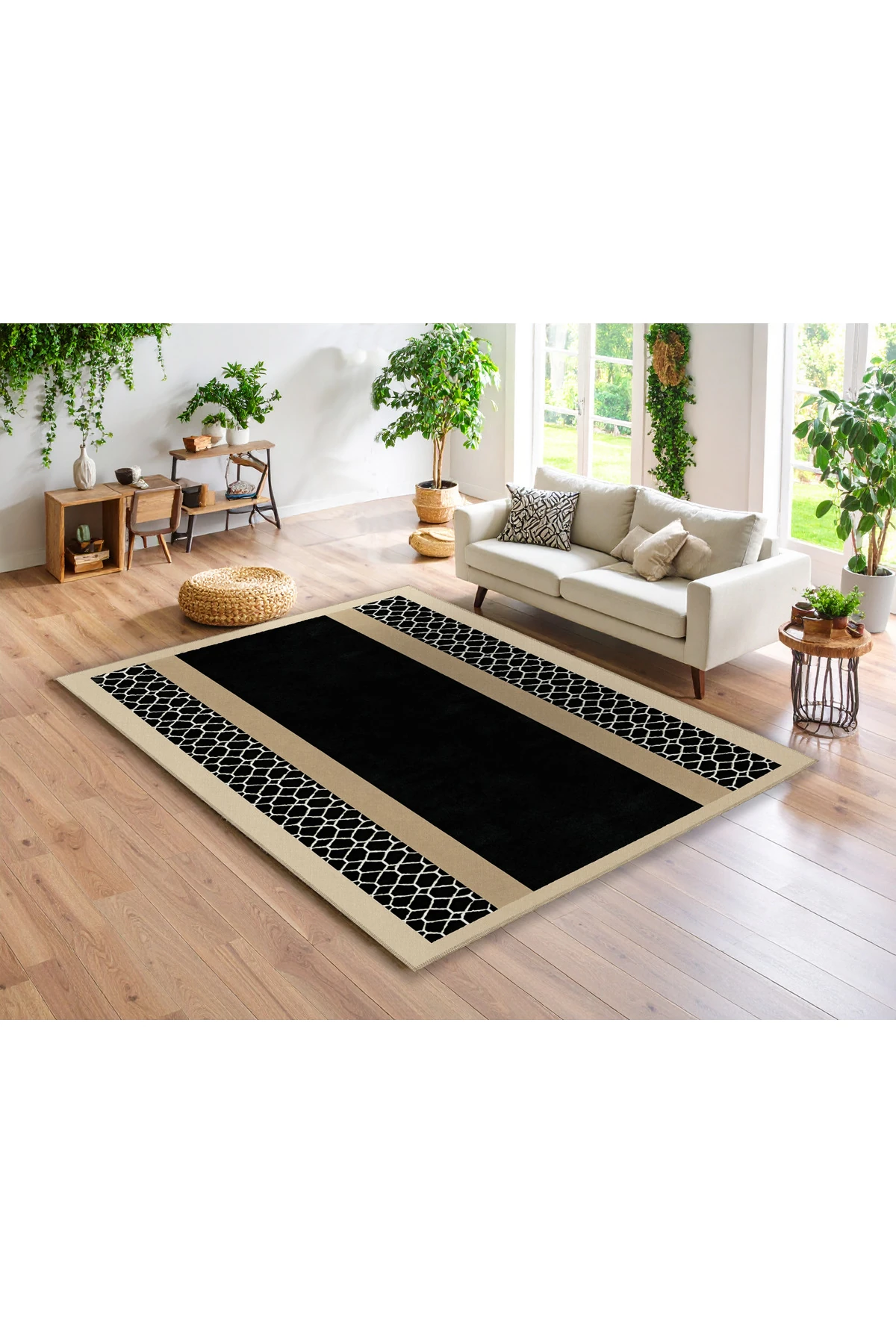 MOSSO Siyah Bej Temalı Soyut Zarif Desenli Dokuma Taban Modern Dekoratif Halı mosso324