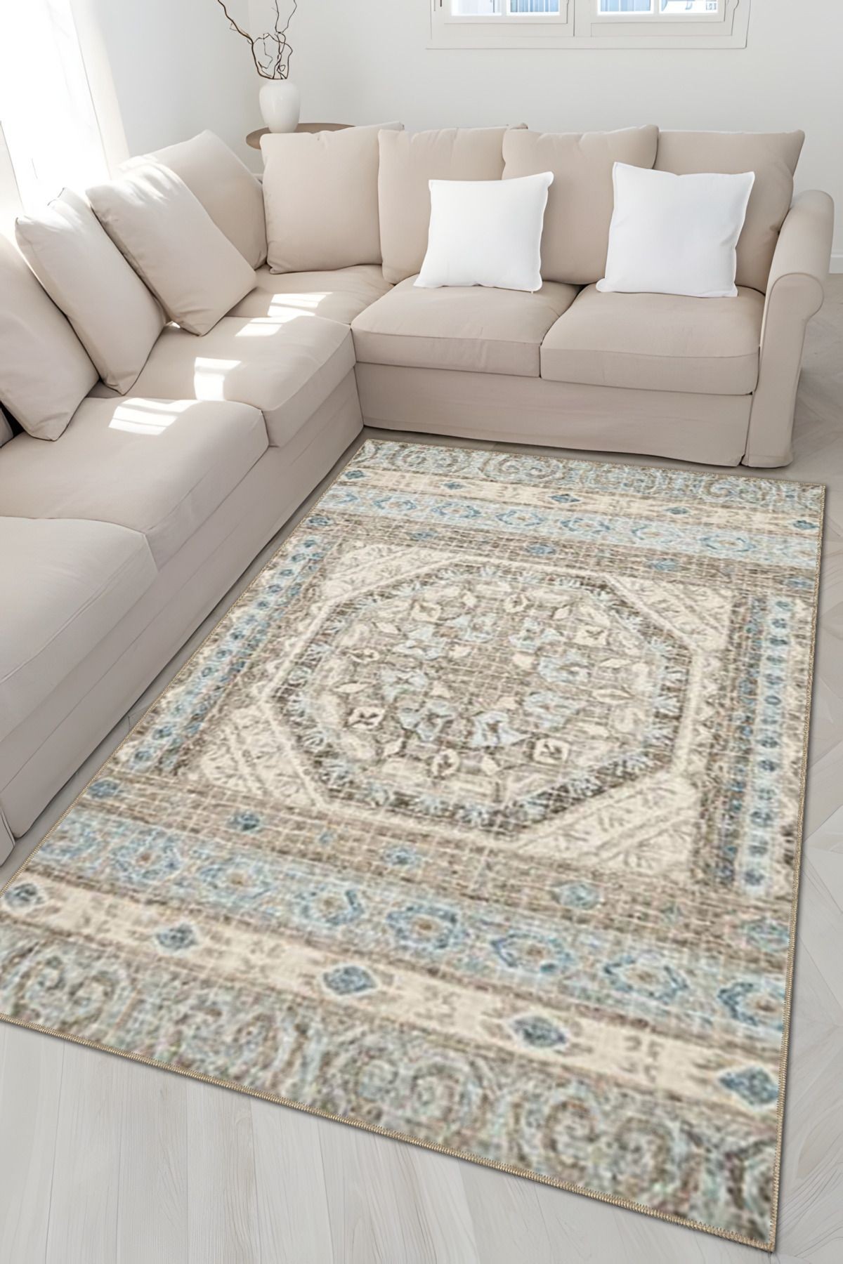 Açık Mavi ve Kahve Temalı Geleneksel Motif Etnik Desenli Vintage Dekoratif Halı 5014