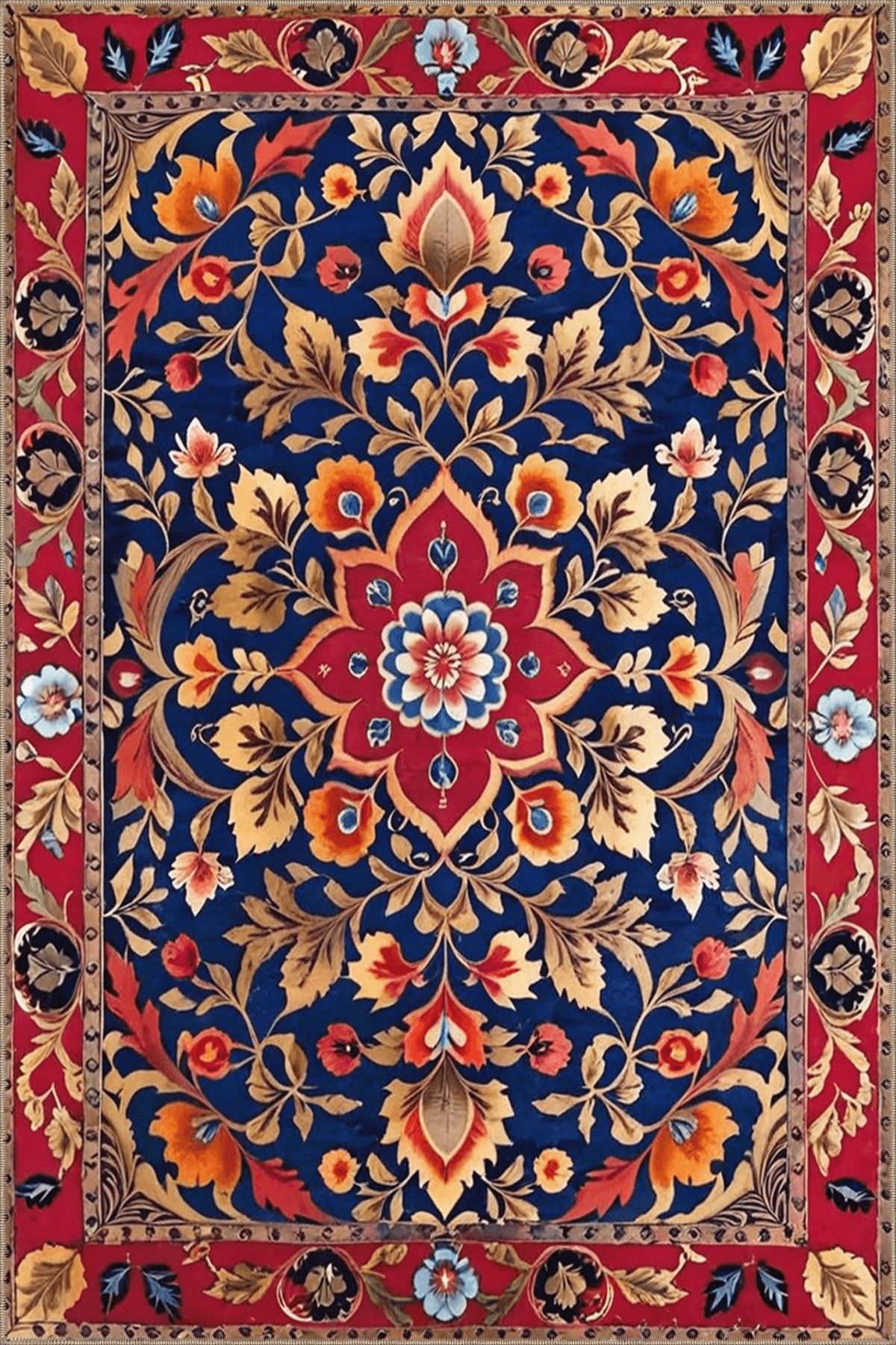 Paris Koleksiyonu Lacivert Temalı Etnik Motifler ve Çiçek Desenli Vintage Dekoratif Halı 54